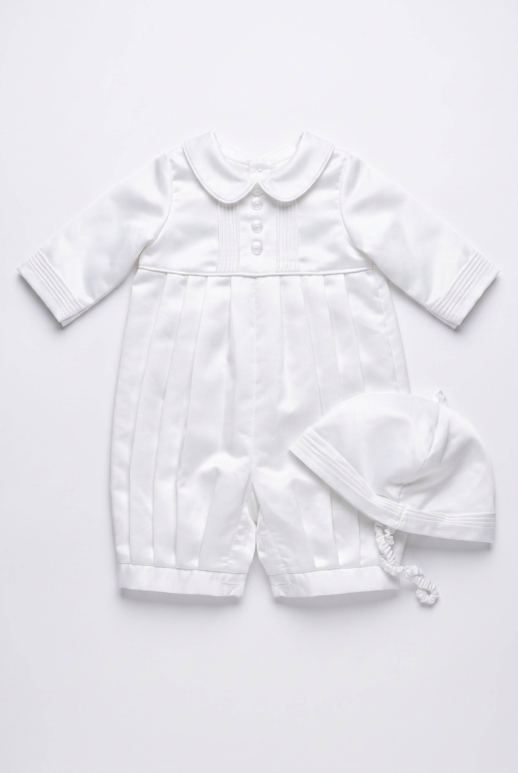 Conjunto de pelele de bautizo de satén Blanco para bebé niño con gorrito a juego