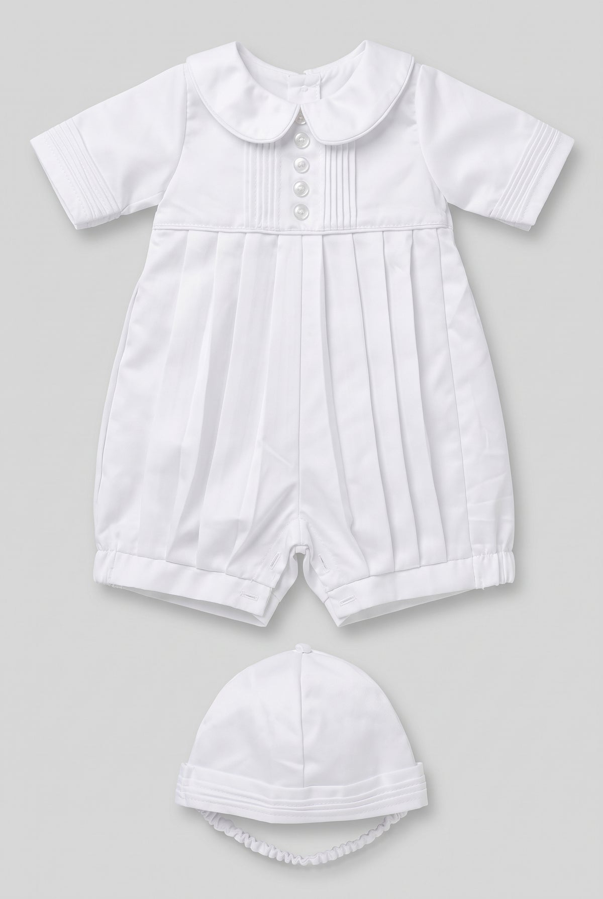 Baby Boys White Satin Christening Romper & Matching Bonnet Set Front Picture