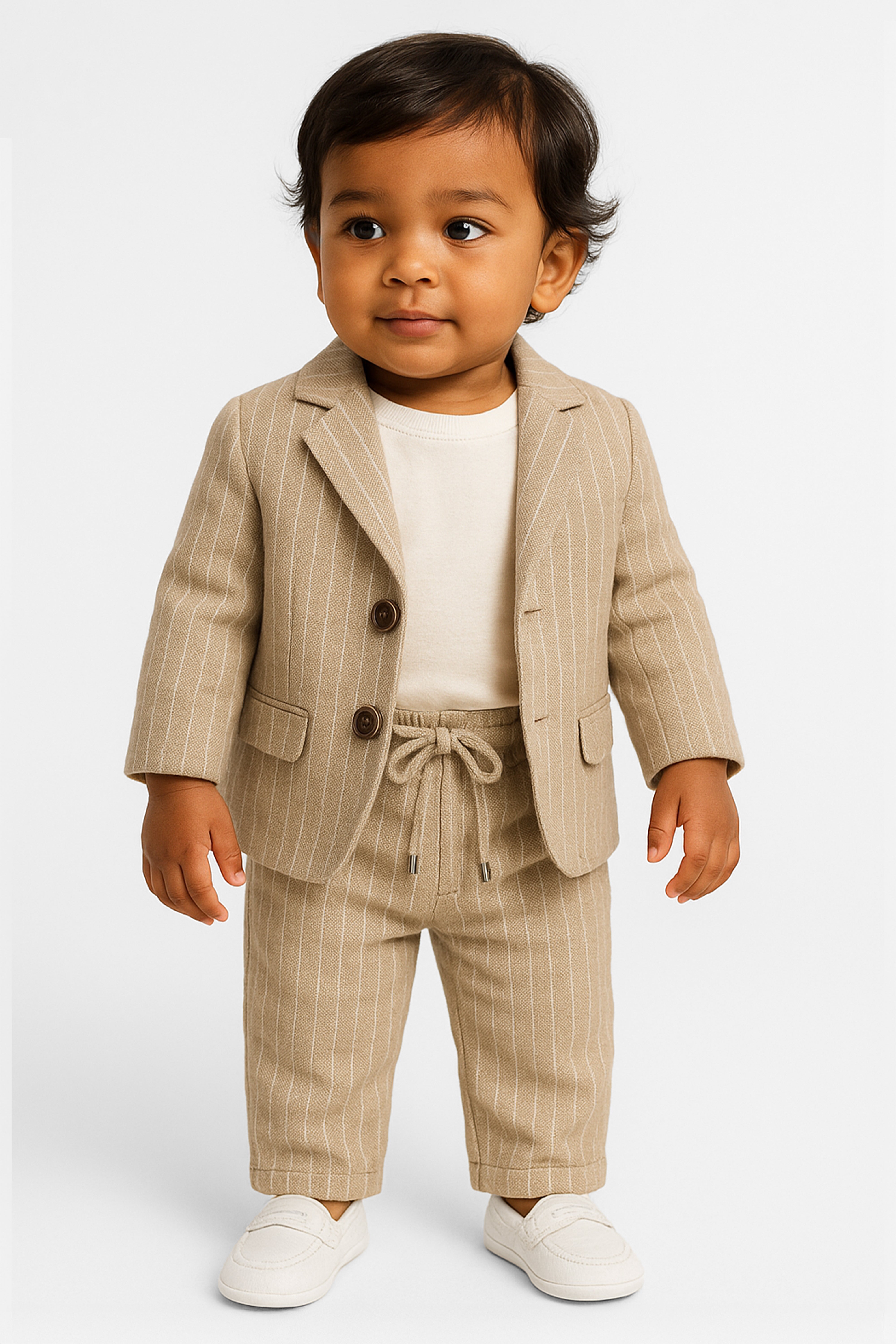 3-teiliger Nadelstreifenanzug aus Baumwolle und Leinen für Baby-Jungen - SALAS - Beige