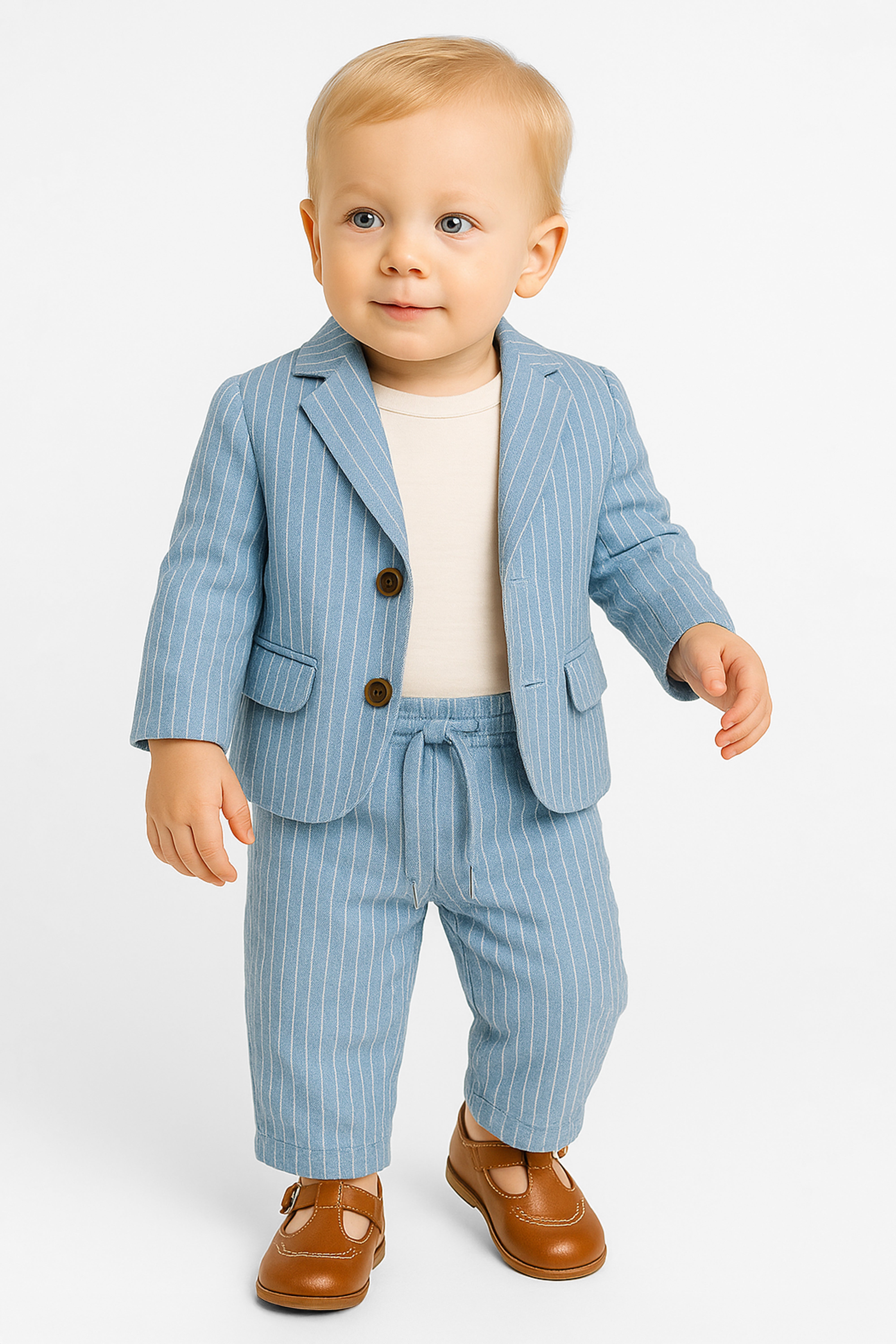 Baby Boys’ Cotton-Linen 3-Piece Pinstripe Suit - SALAS - Blue Model Picture