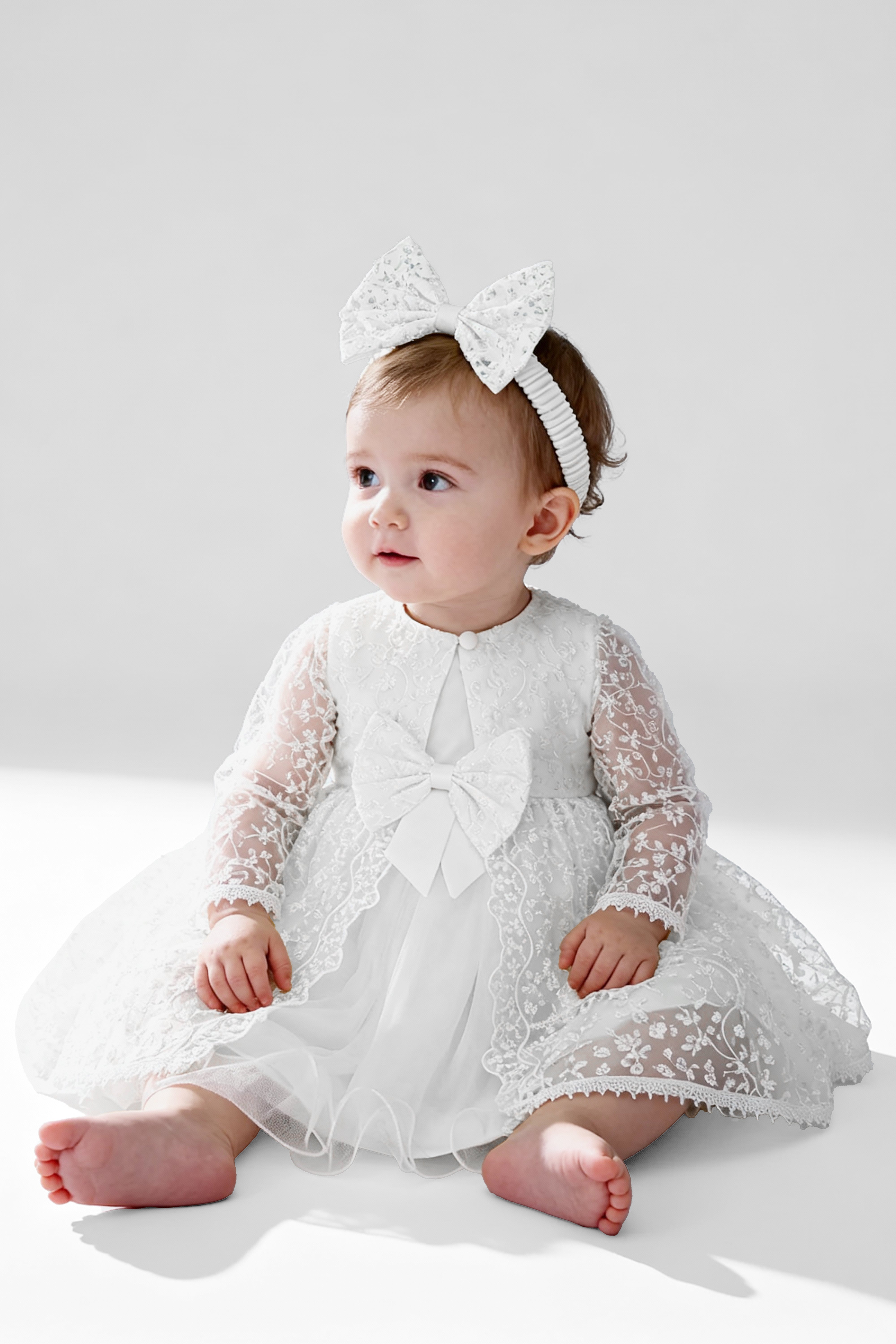 Baby Girl Dress with Lace Overlay Jacket - B1201 - White Model Picture