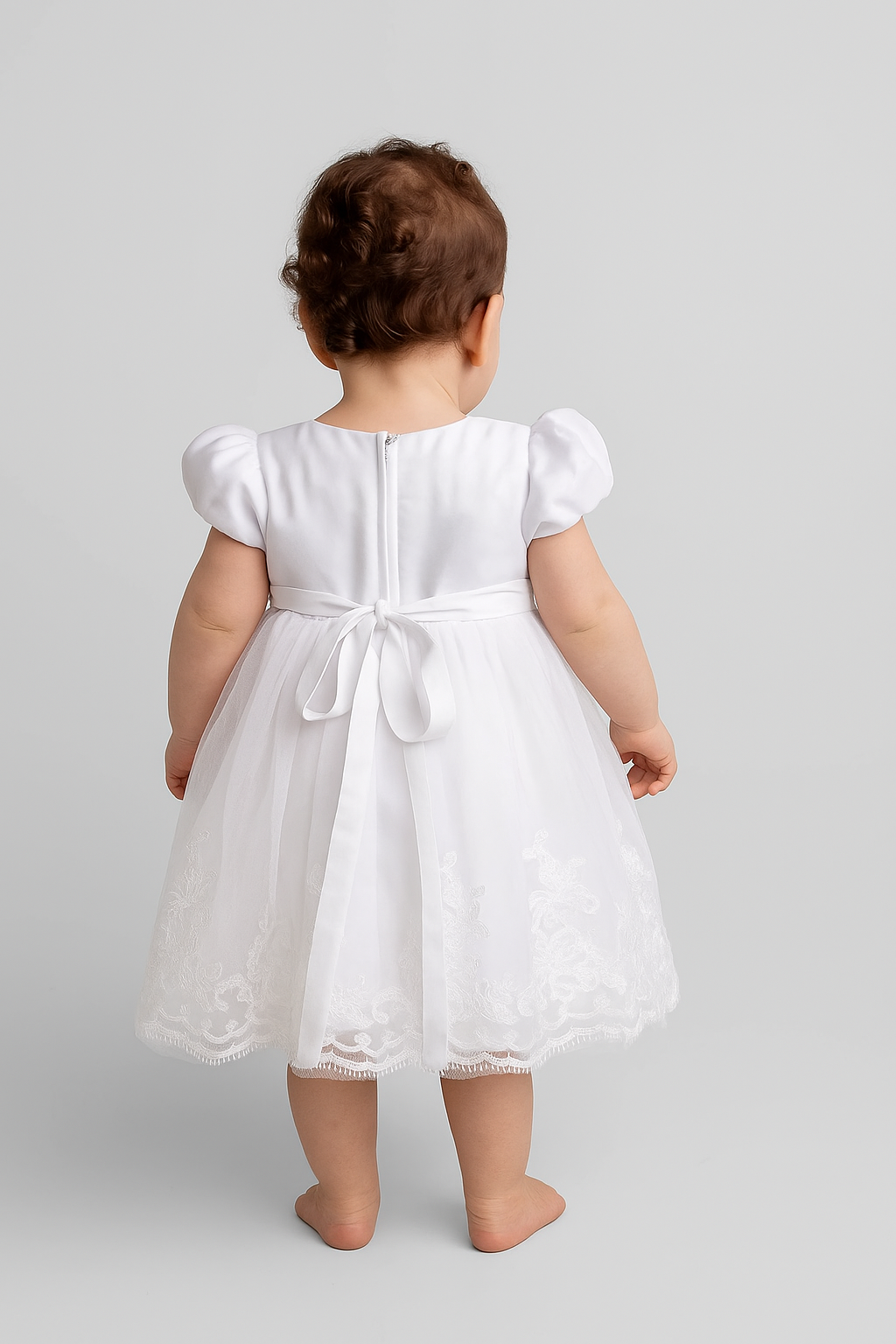 Baby Girls Balloon Sleeves Tulle Dress - RIYA - White