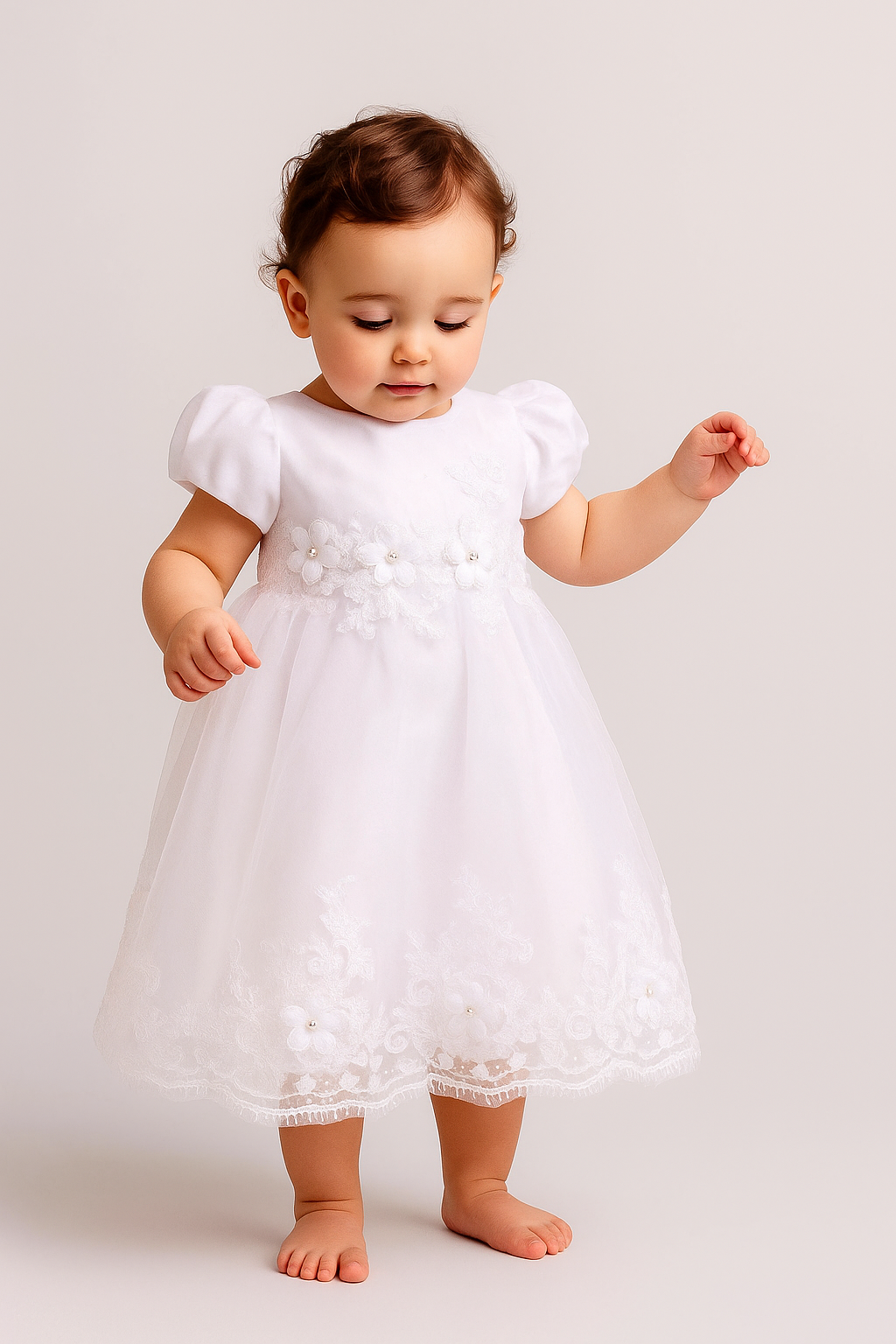 Baby Girls Balloon Sleeves Tulle Dress - RIYA - White Model picture
