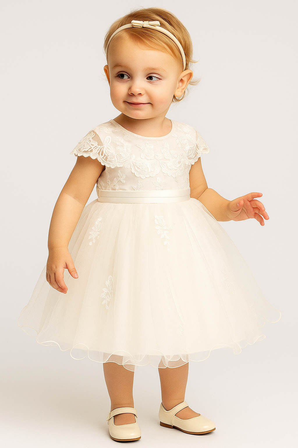 Baby Girls Christening Lace Cape Dress - FAY - Ivory Model Picture