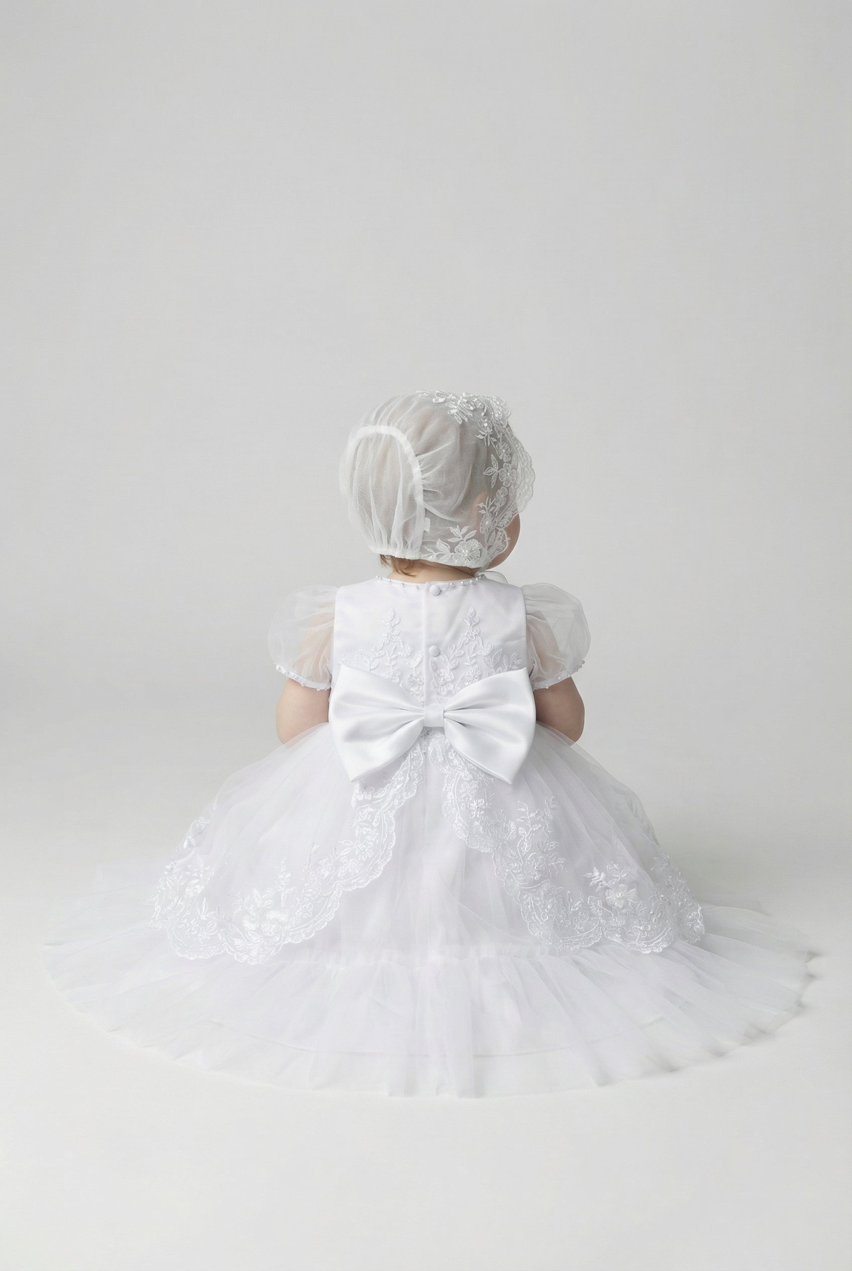 Baby Girls Embroidered Bodice Baptism Dress & Bonnet Set - White.