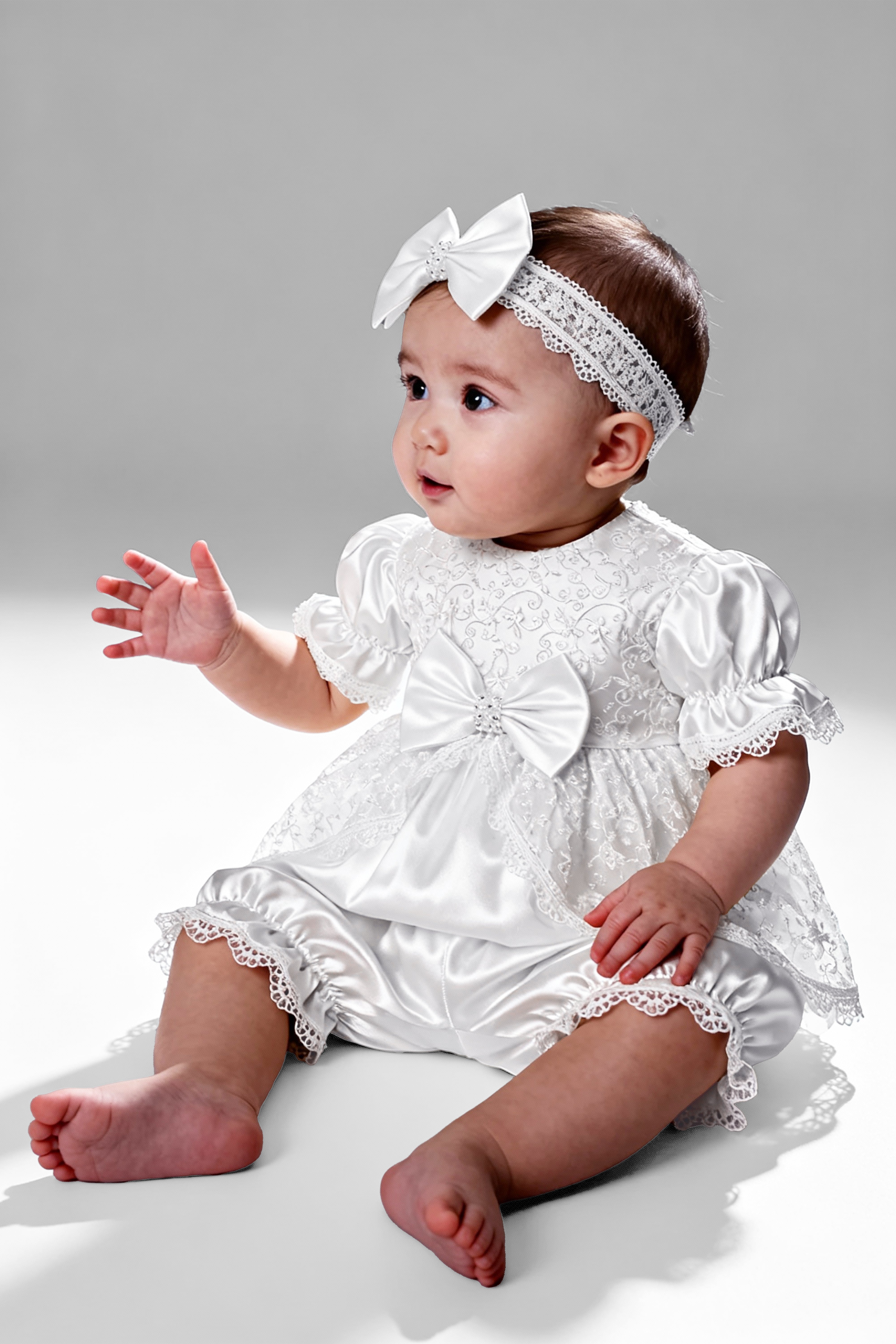 Baby Girls Floral Lace Tulle Dress Set – B1208 - White Model Picture