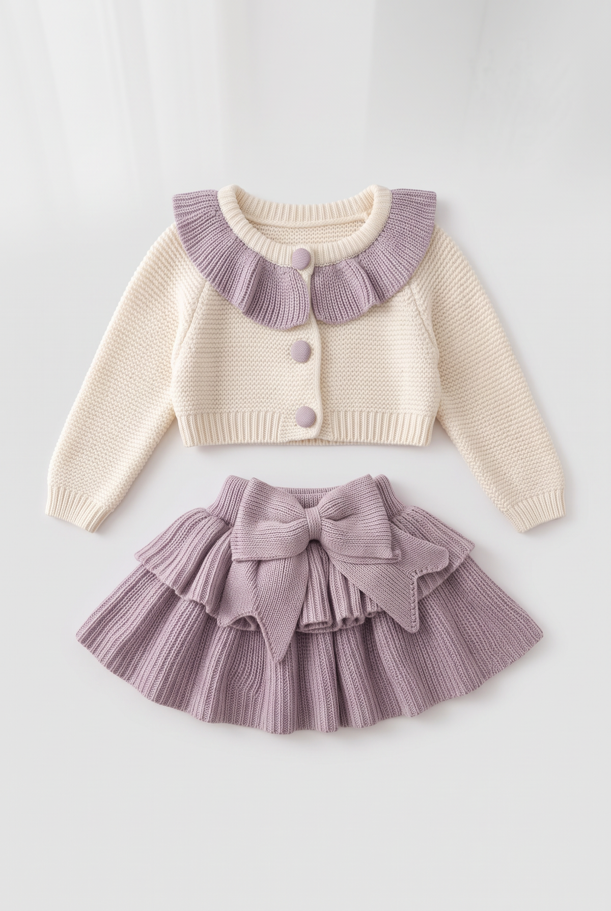 Baby Girls Frill Collar Cardigan & Oversized Bow Skirt 2-Piece Set - 26025 Purple