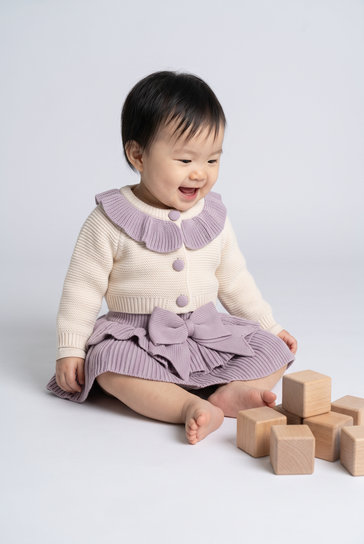 Baby Girls Frill Collar Cardigan & Oversized Bow Skirt 2-Piece Set - 26025 Purple Image