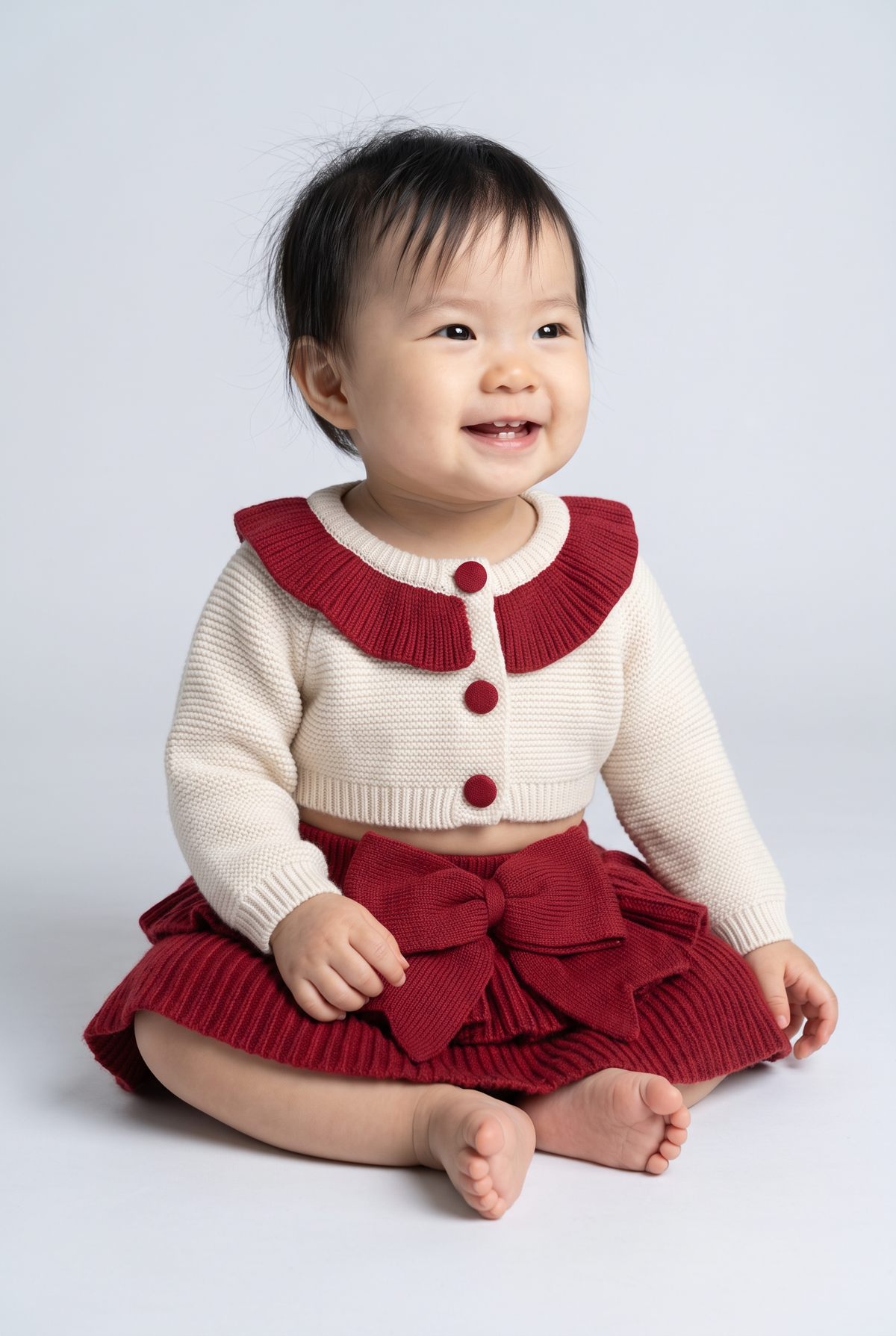 Baby Girls Frill Collar Cardigan & Oversized Bow Skirt 2-Piece Set - 26025 Red Front Picture