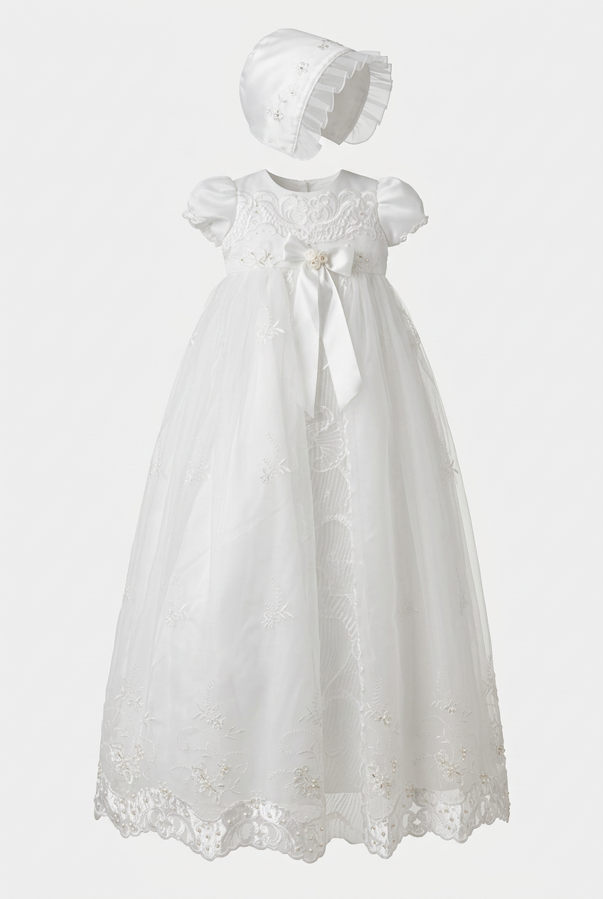 Baby Girls Ivory Traditional Baptism Gown & Bonnet Set
