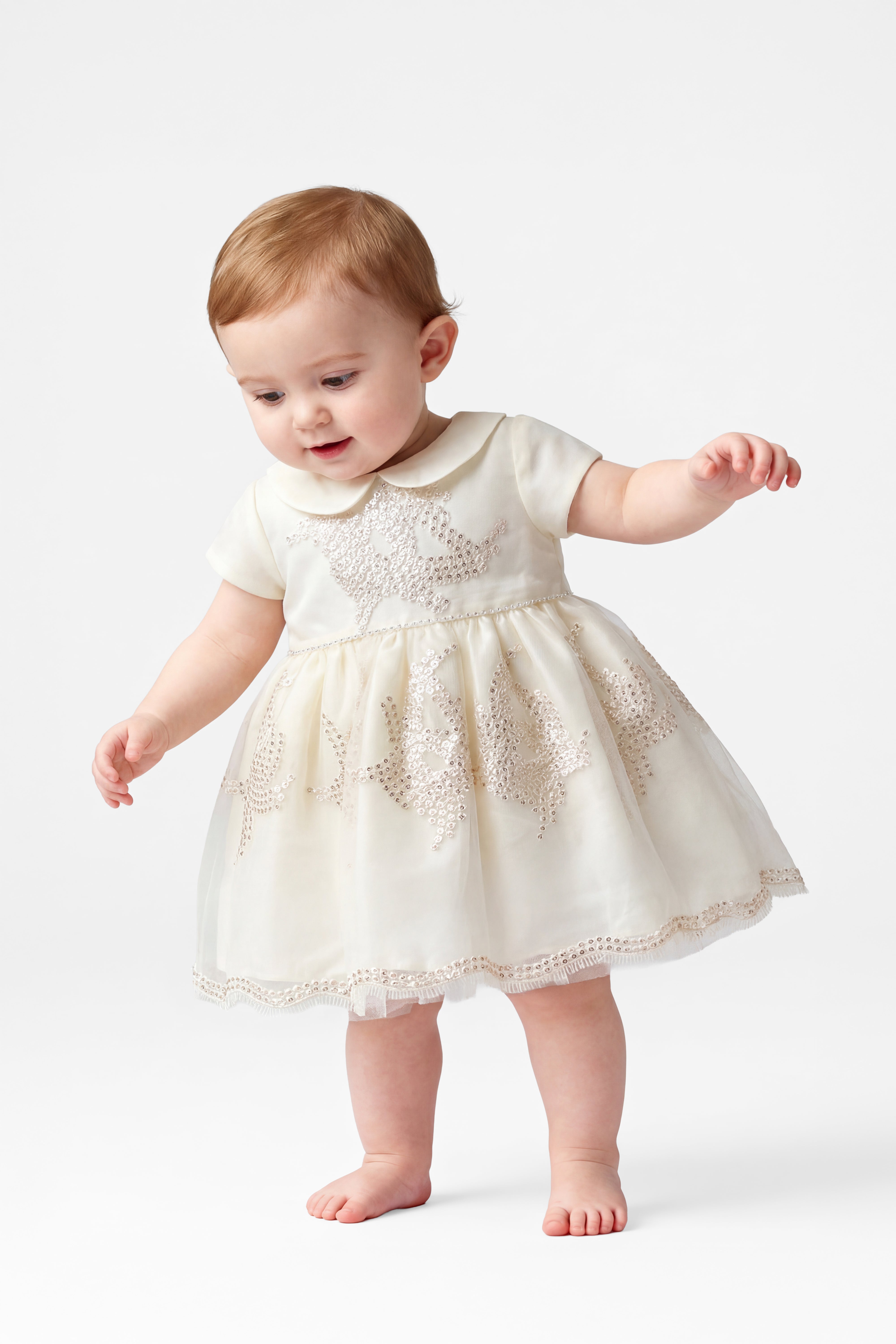 Baby Girls Ivory & Gold Beaded Tulle Dress Front Picture