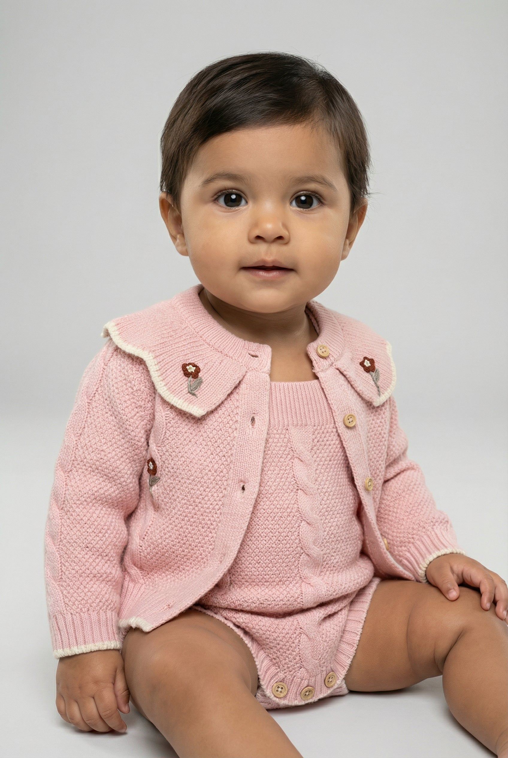 Baby Girls Knit Cardigan & Romper Set with Floral Embroidery