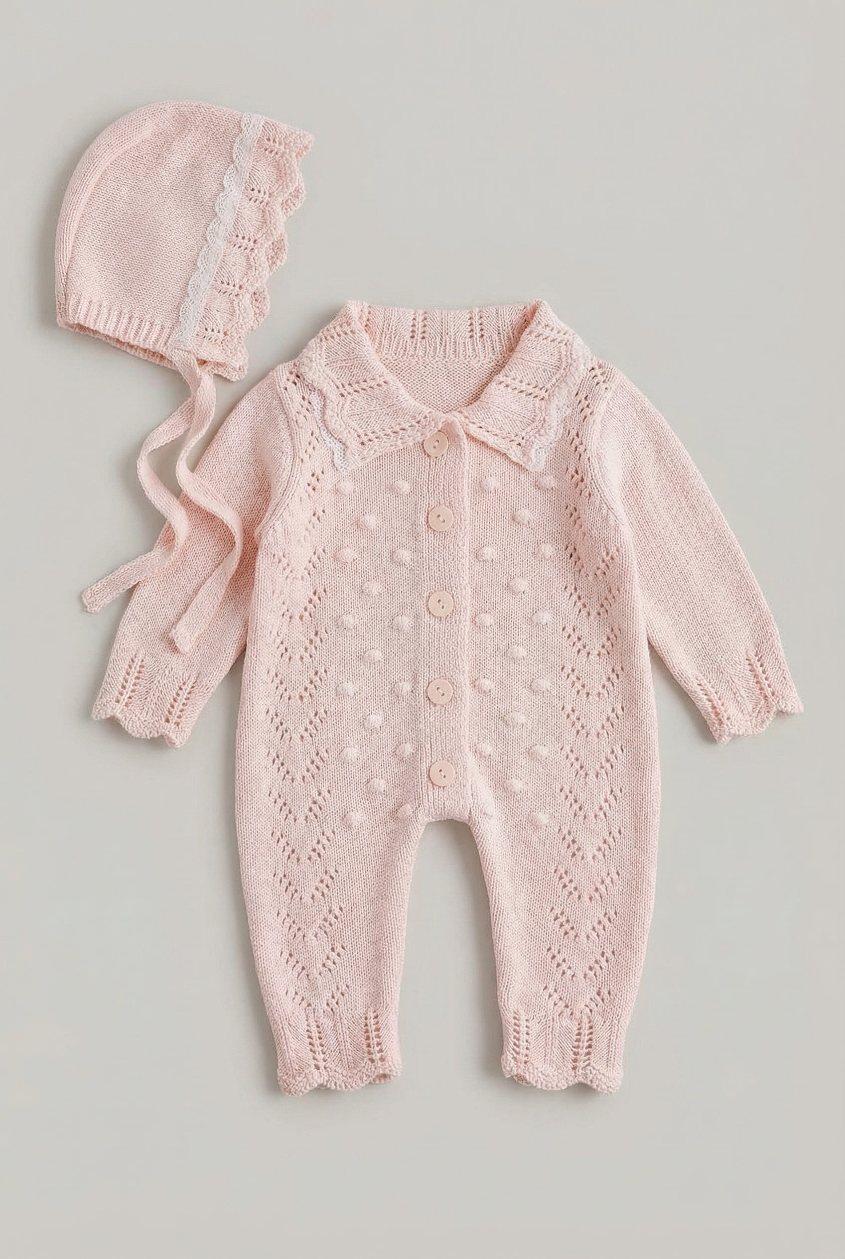 Baby Girls Knit Romper & Bonnet Set with Scalloped Collar - Pink Front Picture