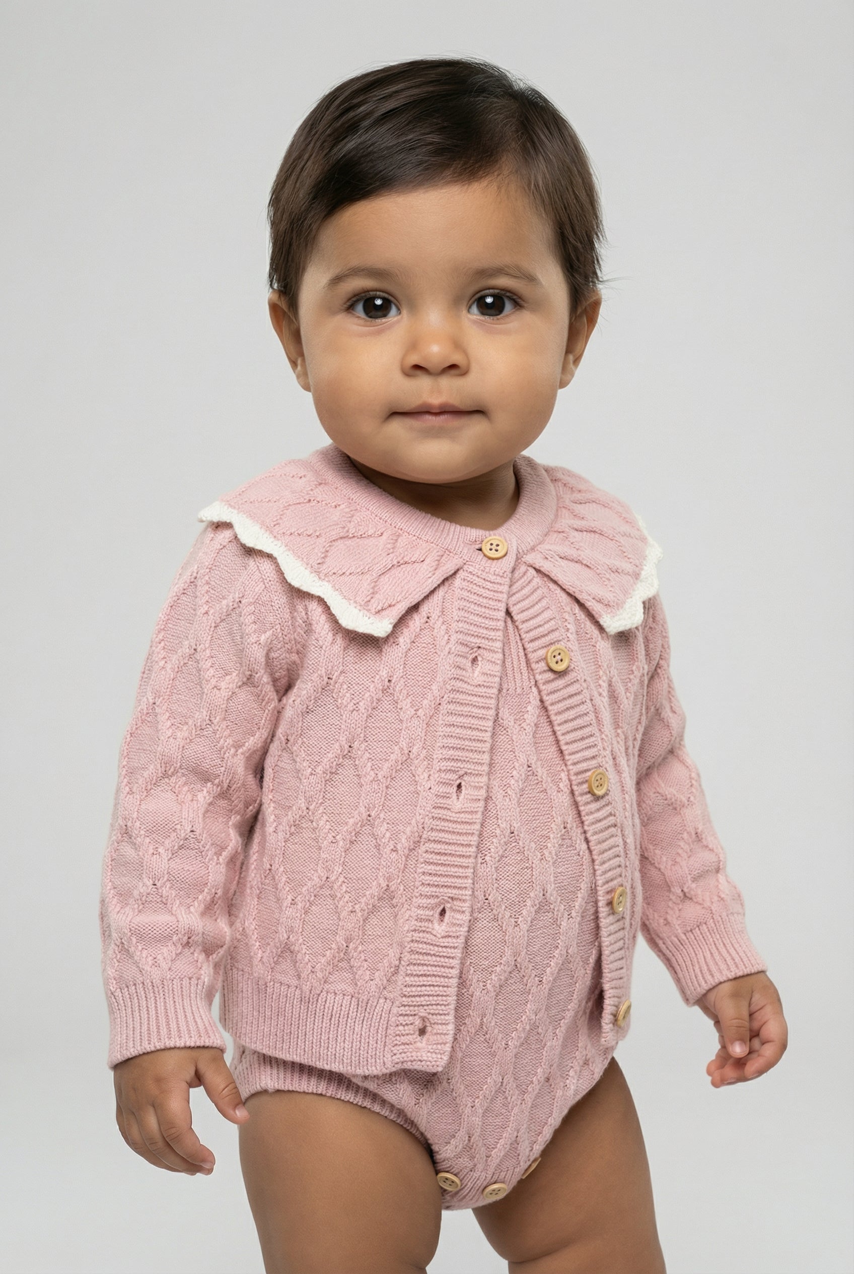 Baby Girls Knit Romper & Cardigan Set with Scalloped Collar Model Front Picture