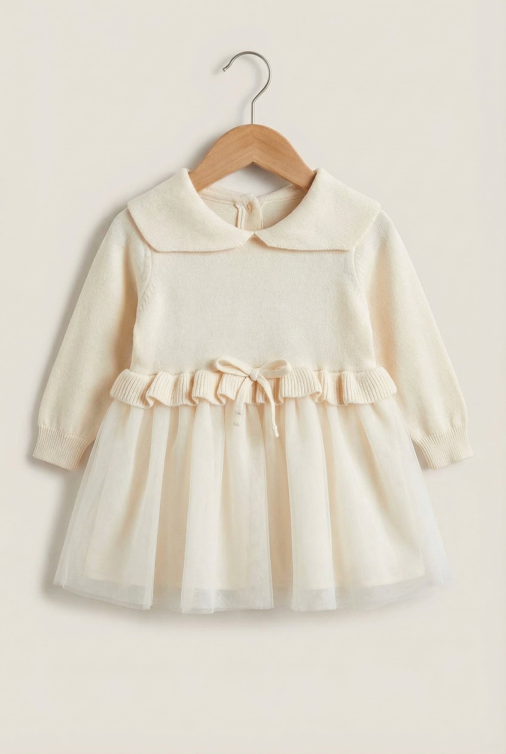 Baby Girls Knit & Tulle Dress with Peter Pan Collar - Ivory Front Picture