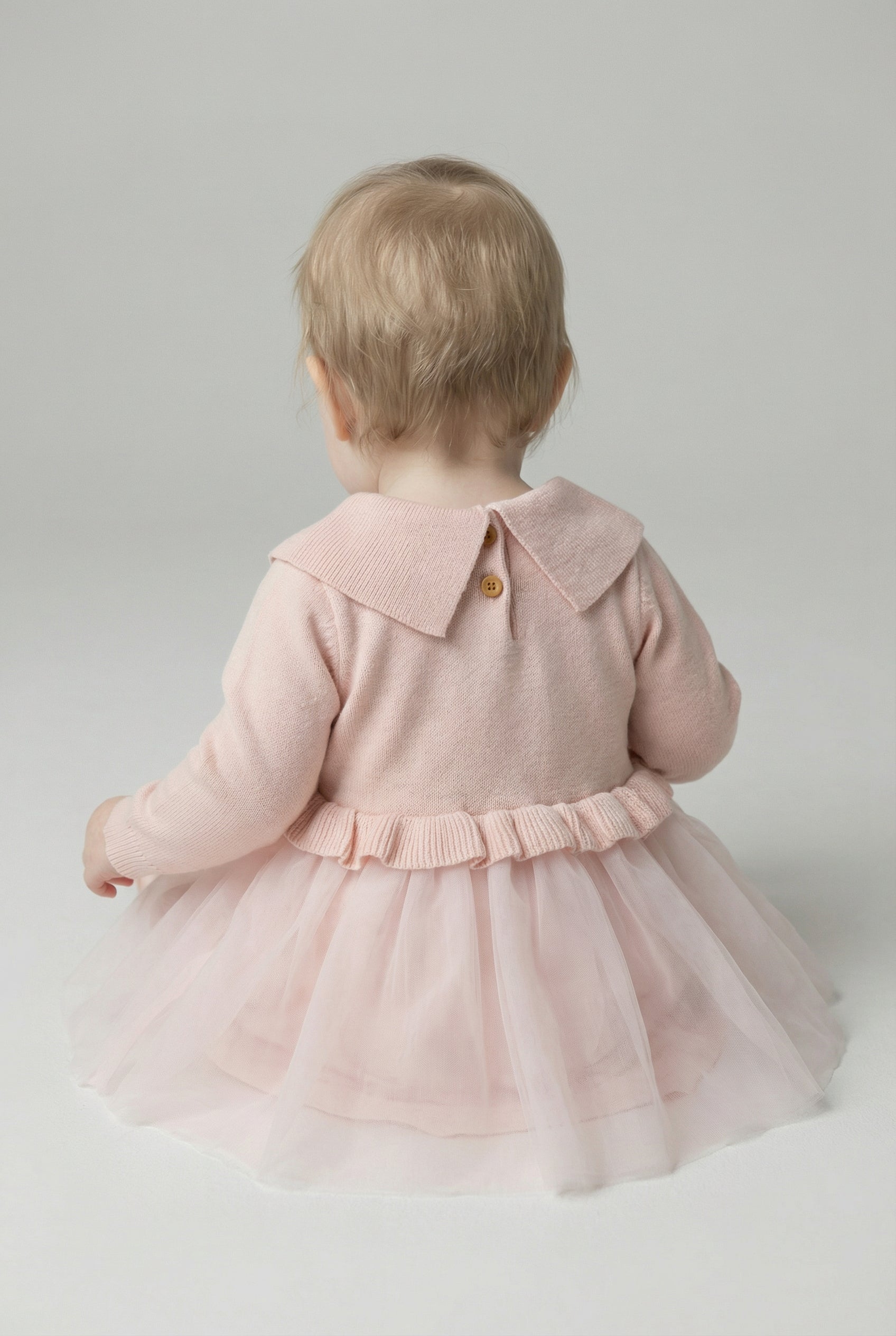 Baby Girls Knit & Tulle Dress with Peter Pan Collar - Pink Model Back Picture