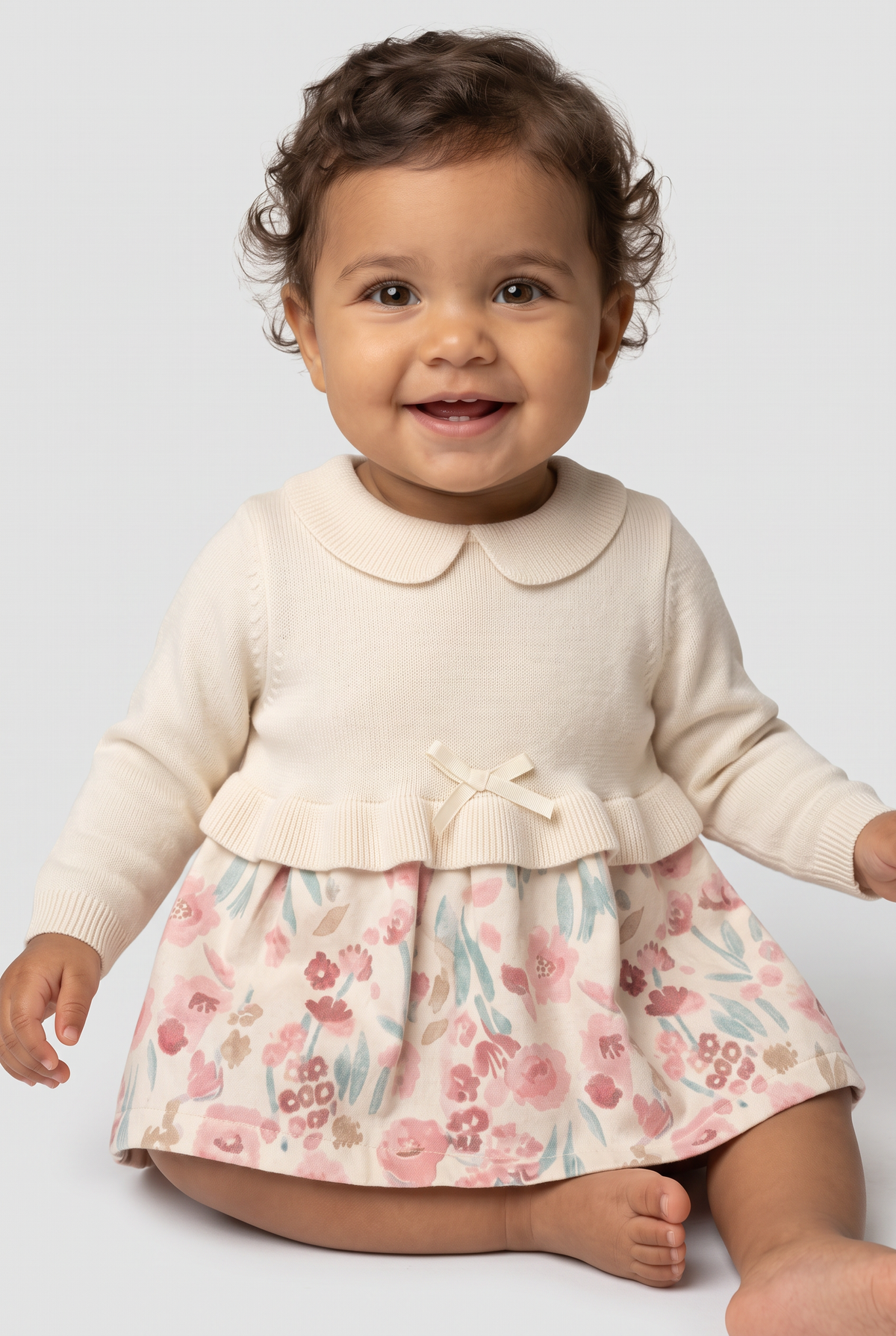 Baby Girls Knitted Bodice Floral Skirt Dress with Bow - 26062 - Ivory Model Picture