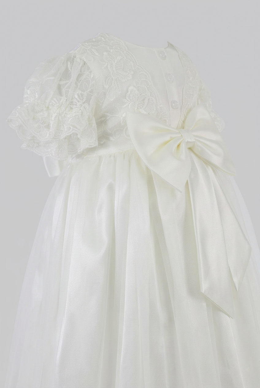 Vestito da Battesimo in Pizzo per Bambina con Fiocco in Raso - G1210 Avorio