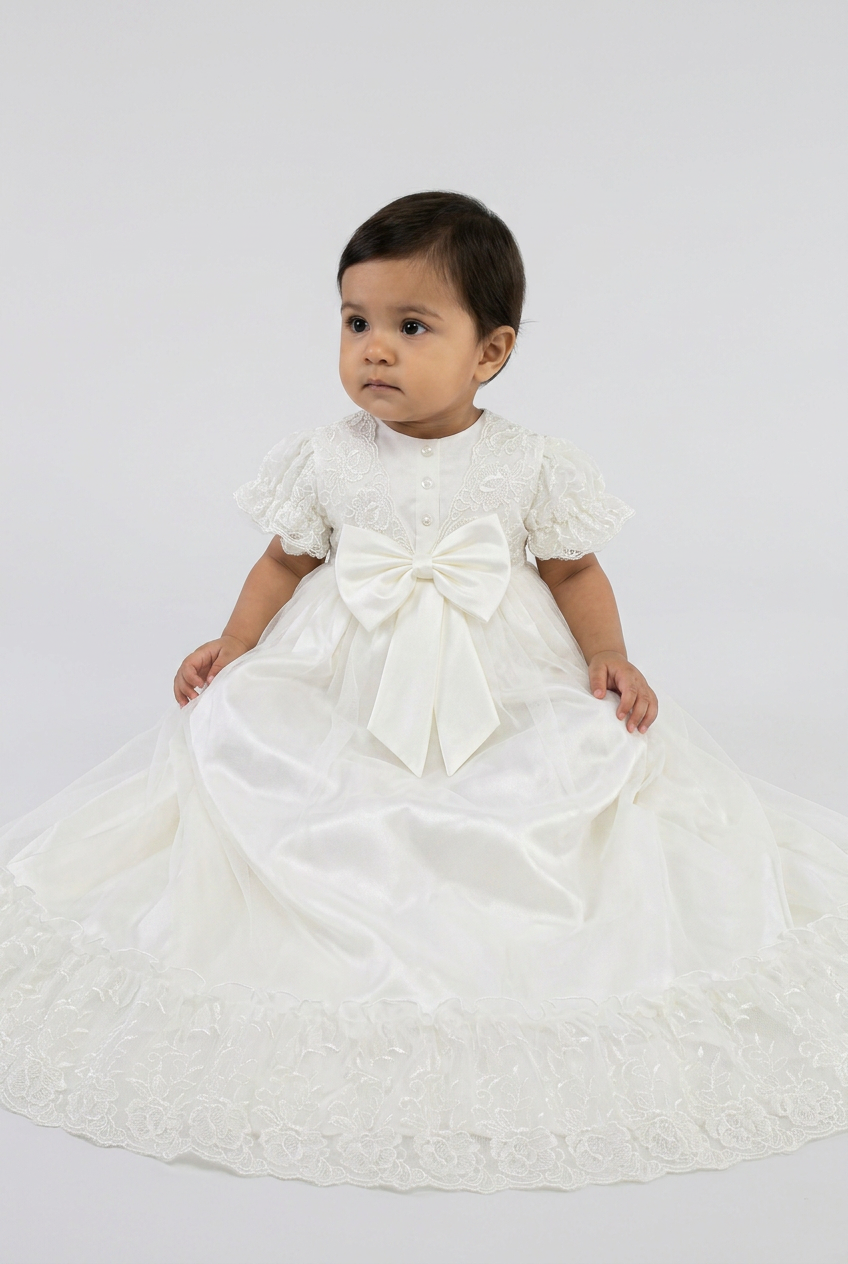 Vestito da Battesimo in Pizzo per Bambina con Fiocco in Raso - G1210 Avorio