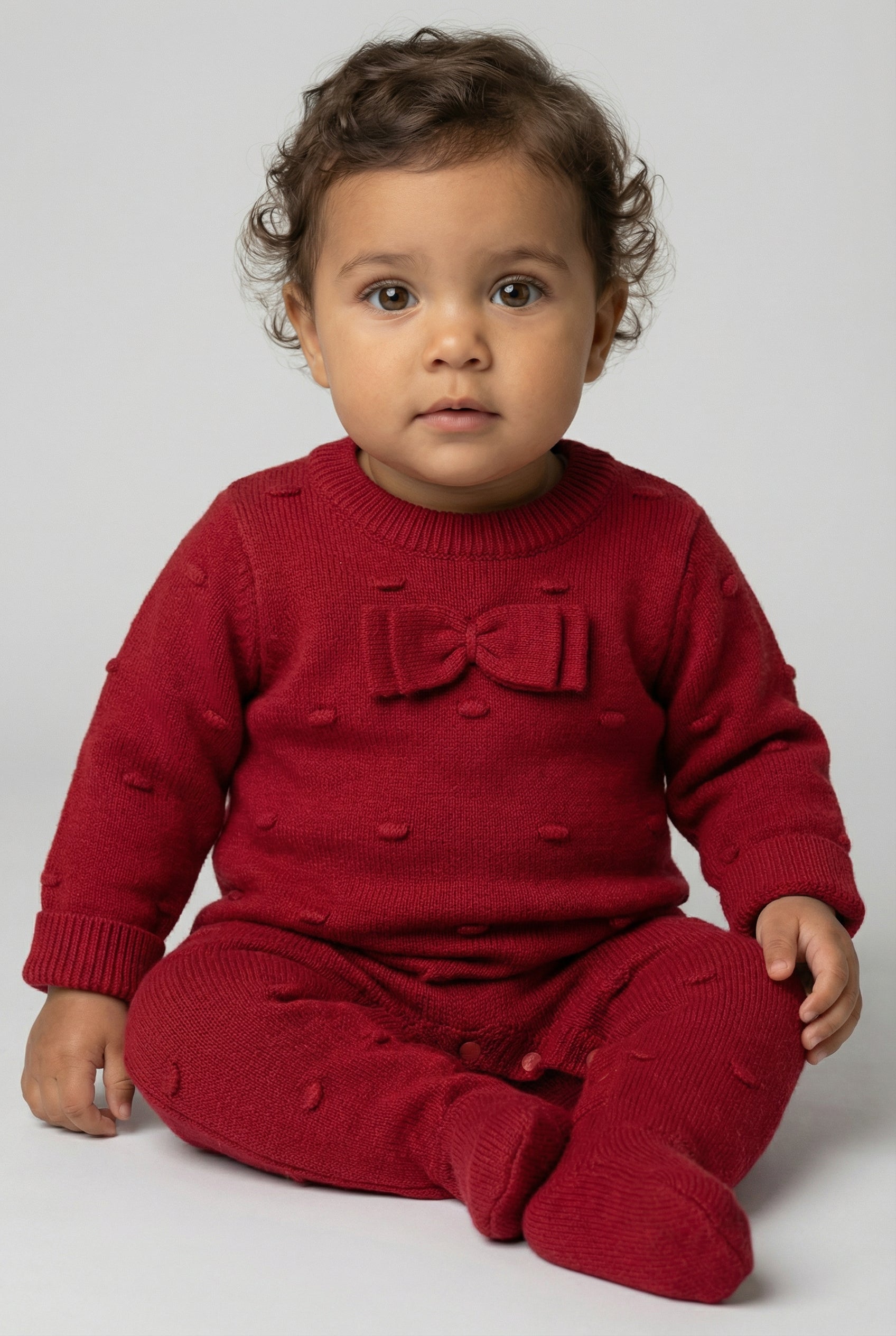 Baby Girls Long Sleeve Knit Romper with Bow Red