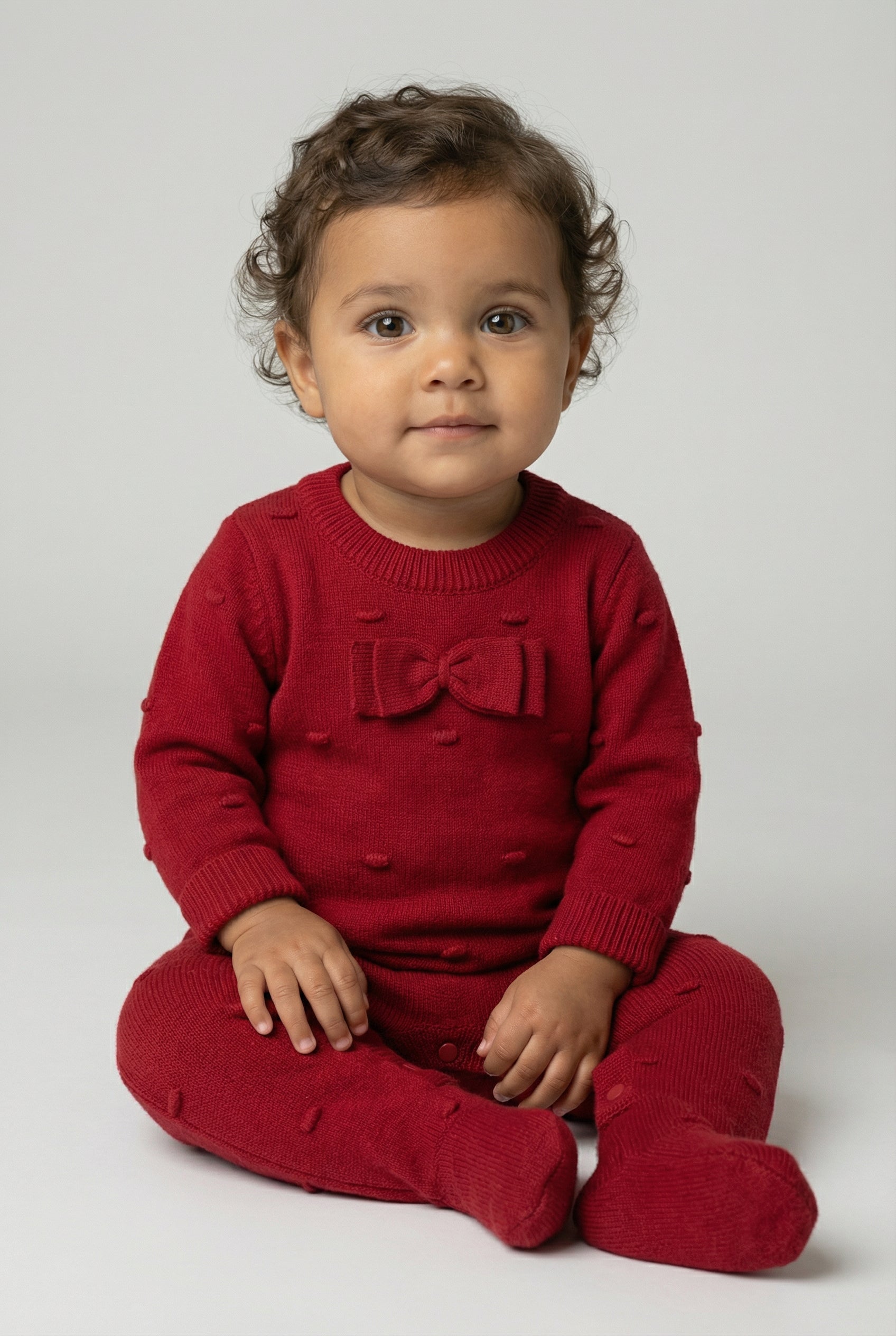 Baby Girls Long Sleeve Knit Romper with Bow Red Model Front Picture