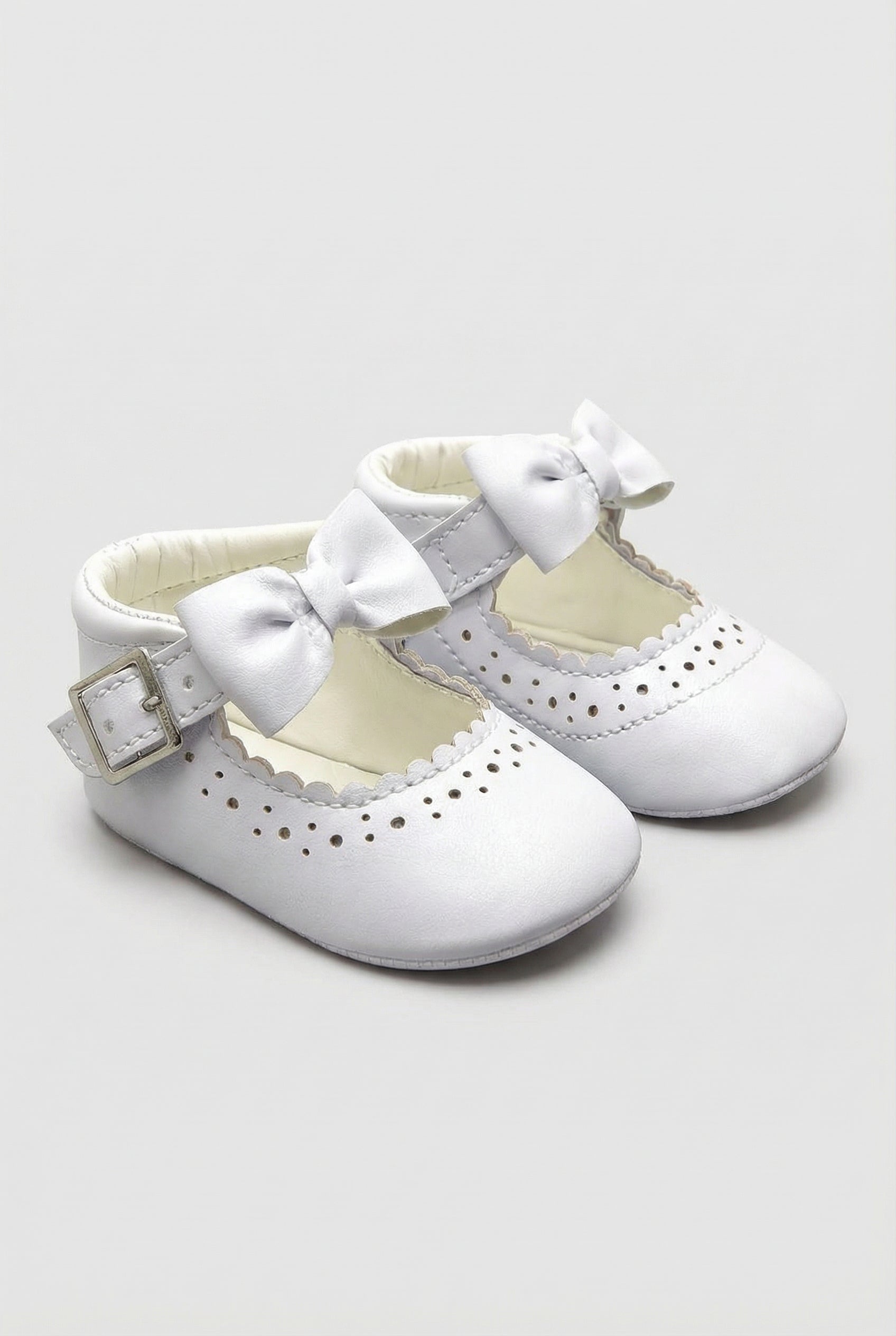 Baby Girls Mary Jane Flats with Bow & Scalloped Trim - Beatrice - White Pair Side Picture