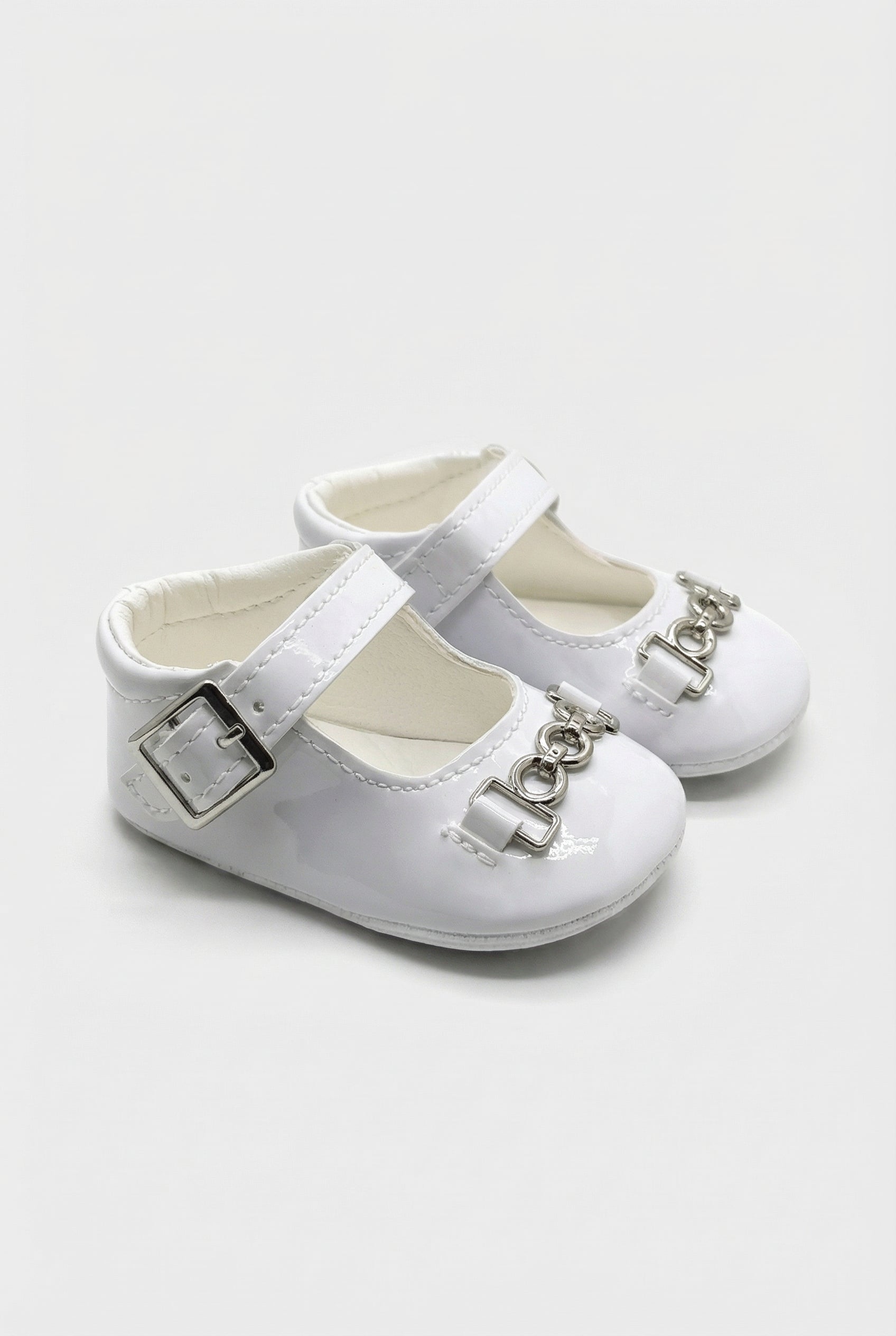 Baby Girls Patent Mary Jane Flats with Metal Detail - Charlotte -  White Pair Side Picture