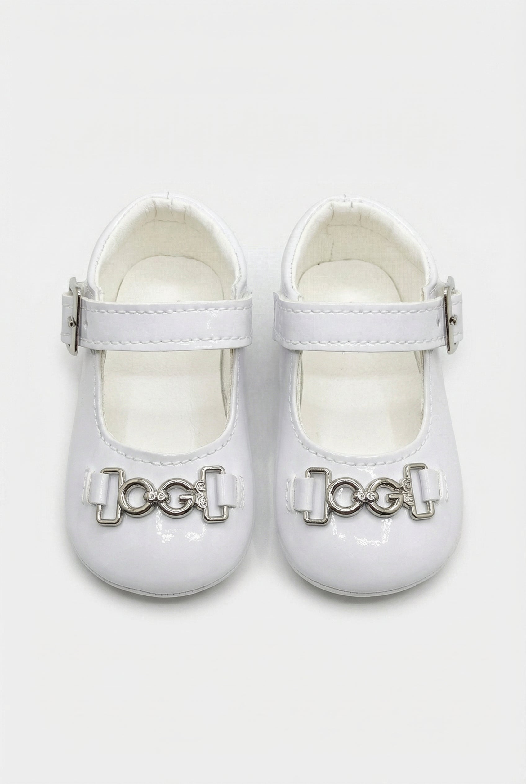 Baby Girls Patent Mary Jane Flats with Metal Detail - Charlotte -  White Front Picture
