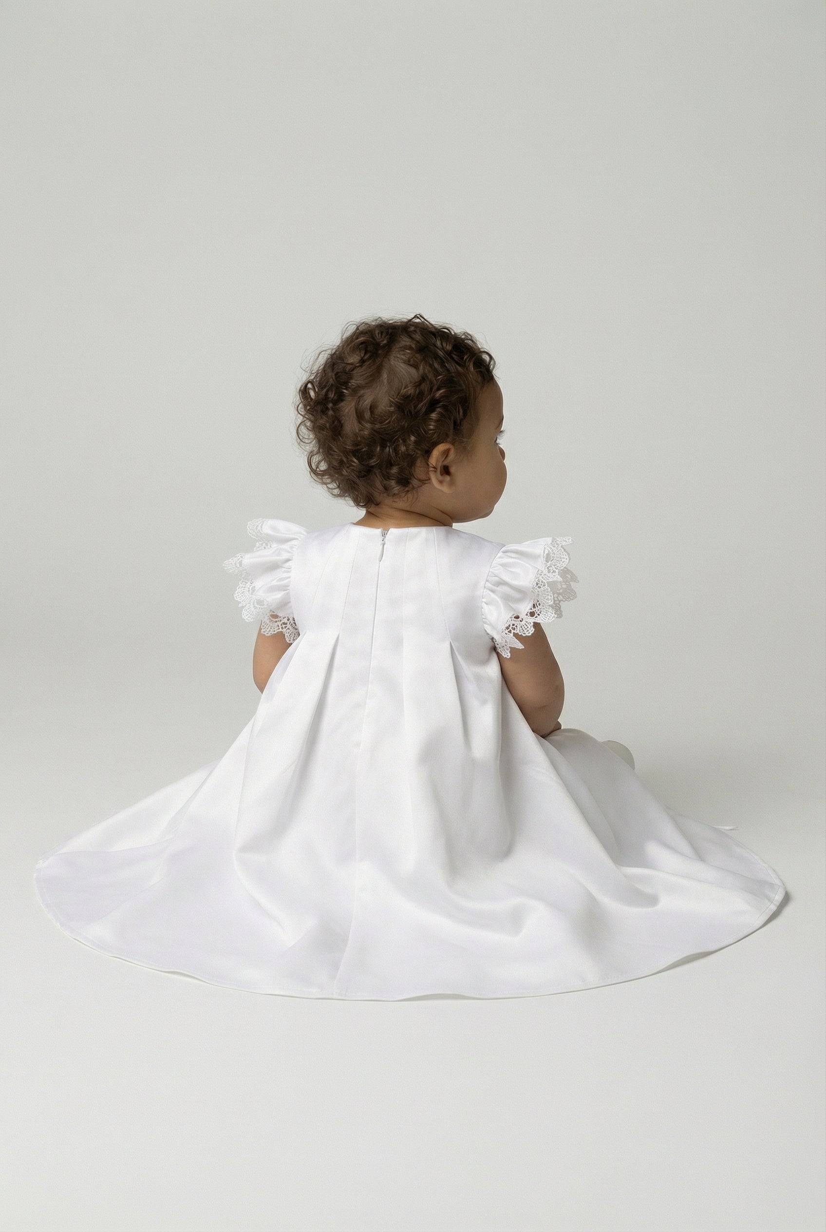 Baby Girls Satin Christening Gown with Lace Flutter Sleeves - Francesca - White Back Picture