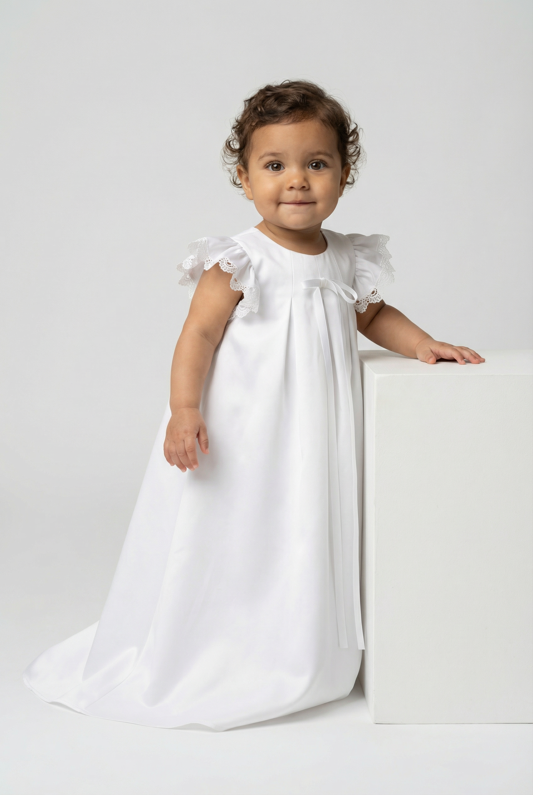 Baby Girls Satin Christening Gown with Lace Flutter Sleeves - Francesca - White Model Front Picture