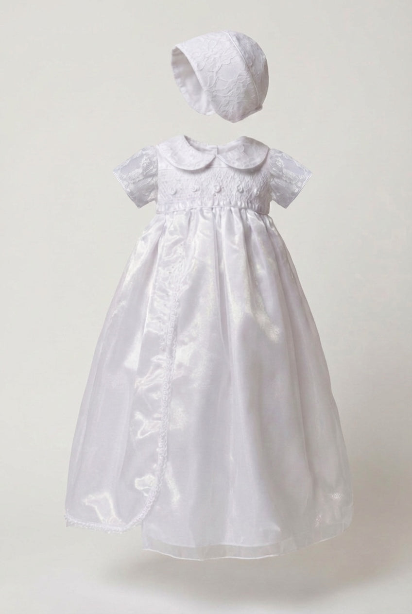 Baby Girls White Christening Gown & Bonnet Set with Peter Pan Collar Mannequin picture