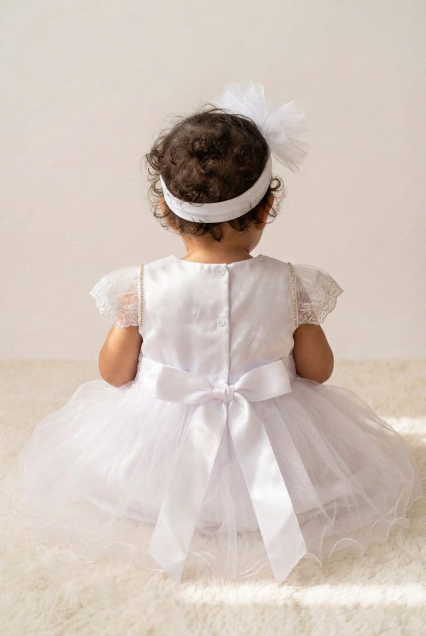Robe de baptême en tulle brodé blanc pour bébé fille avec bandeau assorti