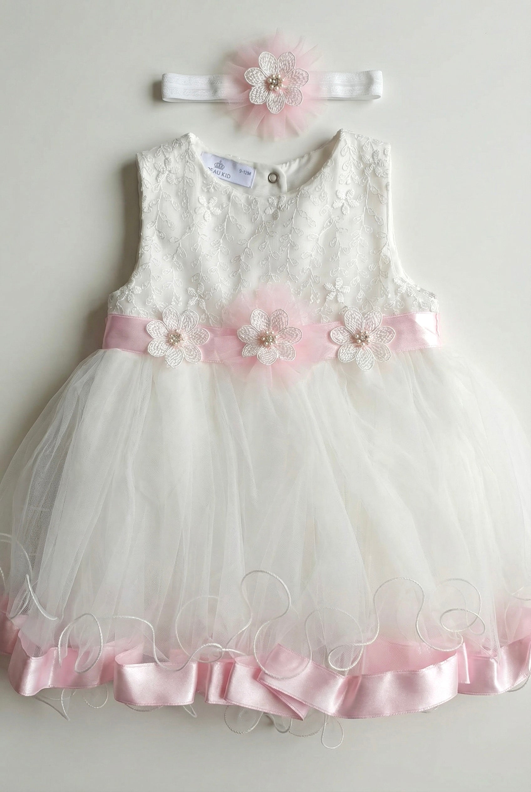 Vestito da festa in tulle Bianco per bambina con fascia e fascia per capelli Rosa