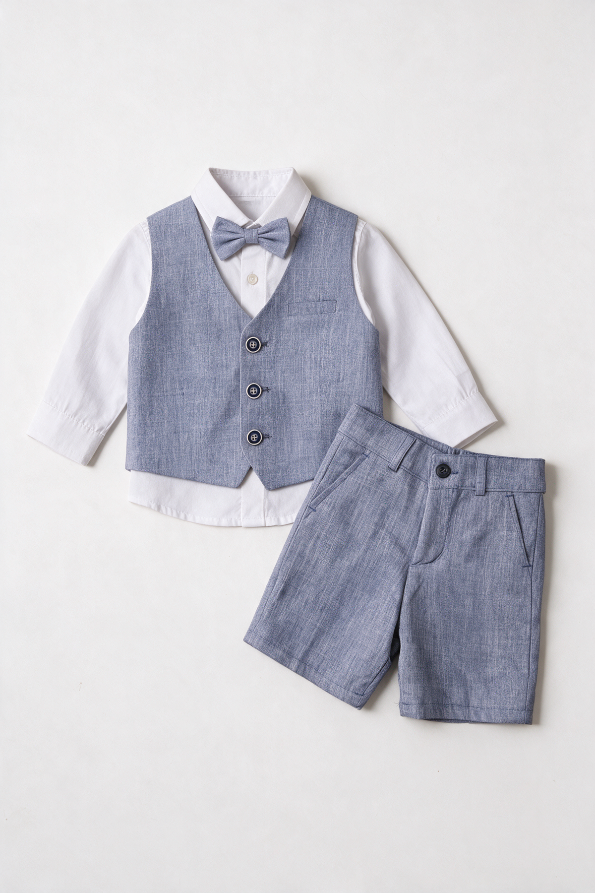 Baby 4-Piece Cotton-Linen Waistcoat Shorts Suit Set - Grayish Navy  front picture