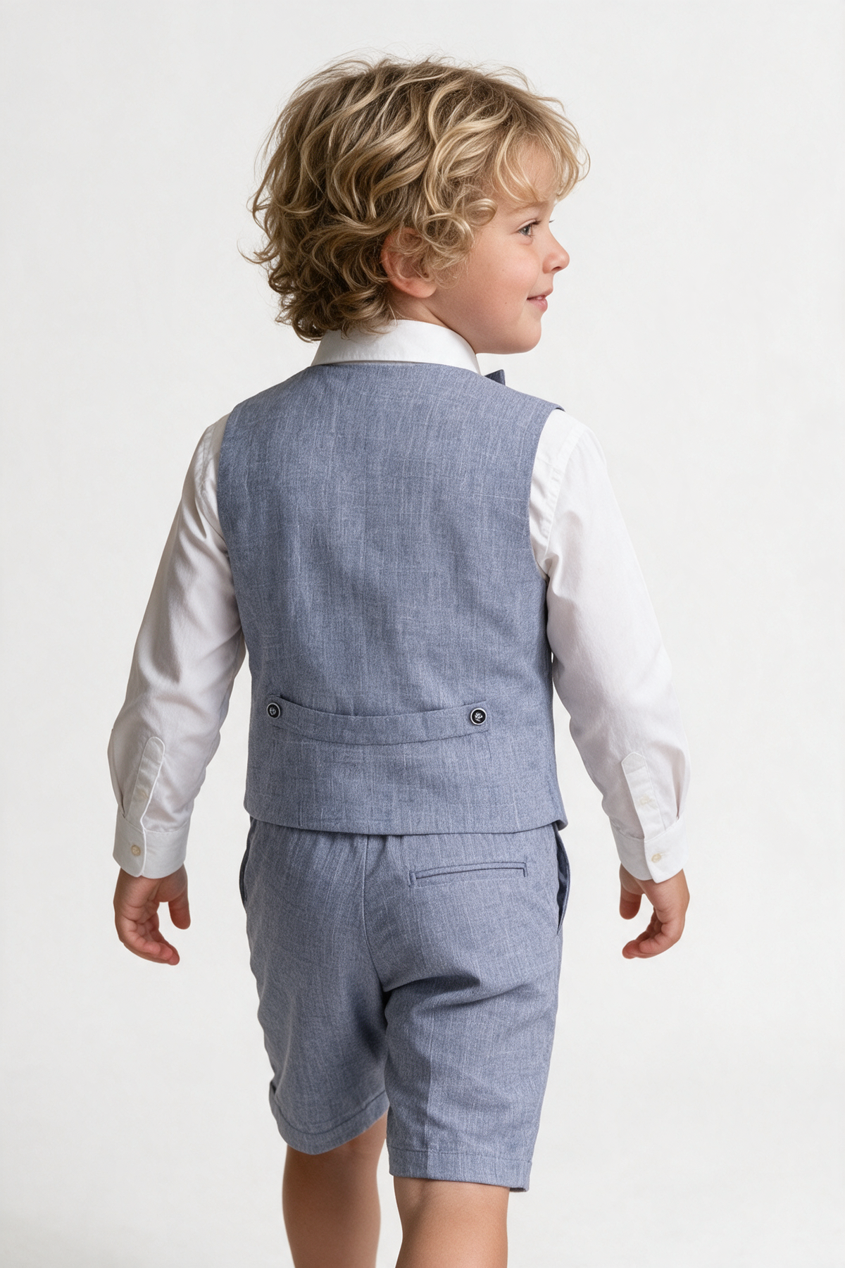 Baby & Boys 4-Piece Cotton-Linen Waistcoat Shorts Suit Set - Grayish Navy Boy model back  picture