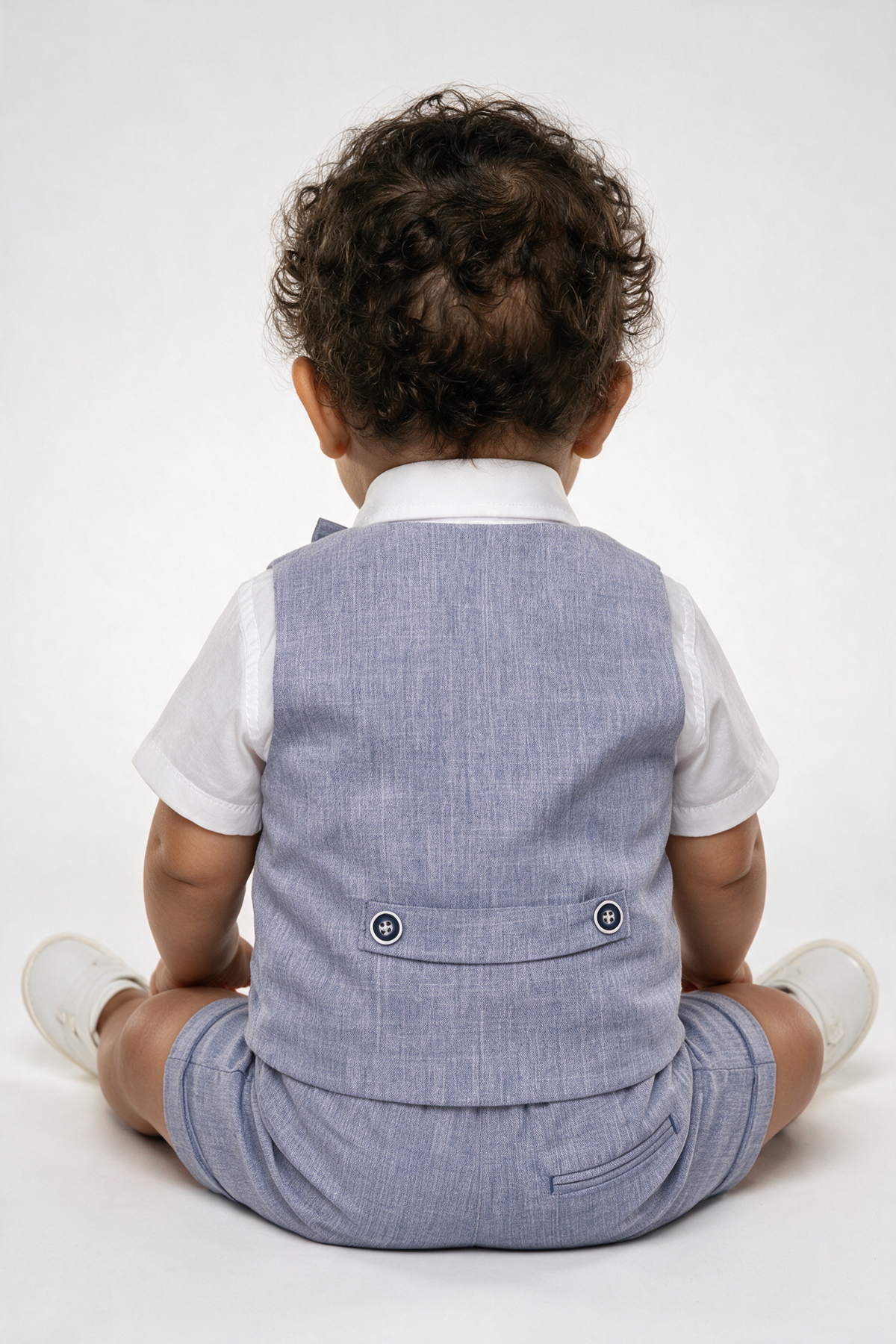 Baby & Boys 4-Piece Cotton-Linen Waistcoat Shorts Suit Set - Grayish Navy baby model back  picture