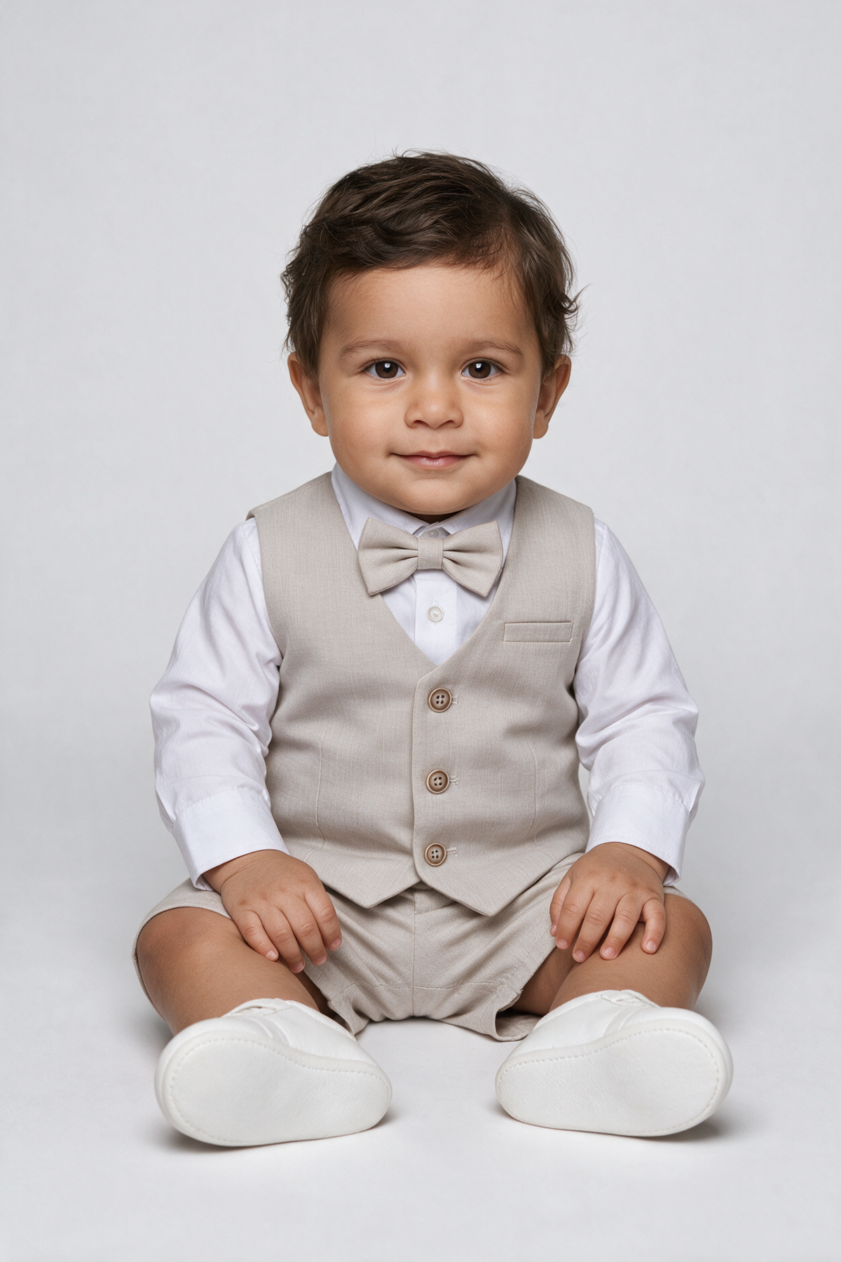 Baby & Boys 4-Piece Cotton-Linen Waistcoat Shorts Suit Set - Light Beige Model Front Picture