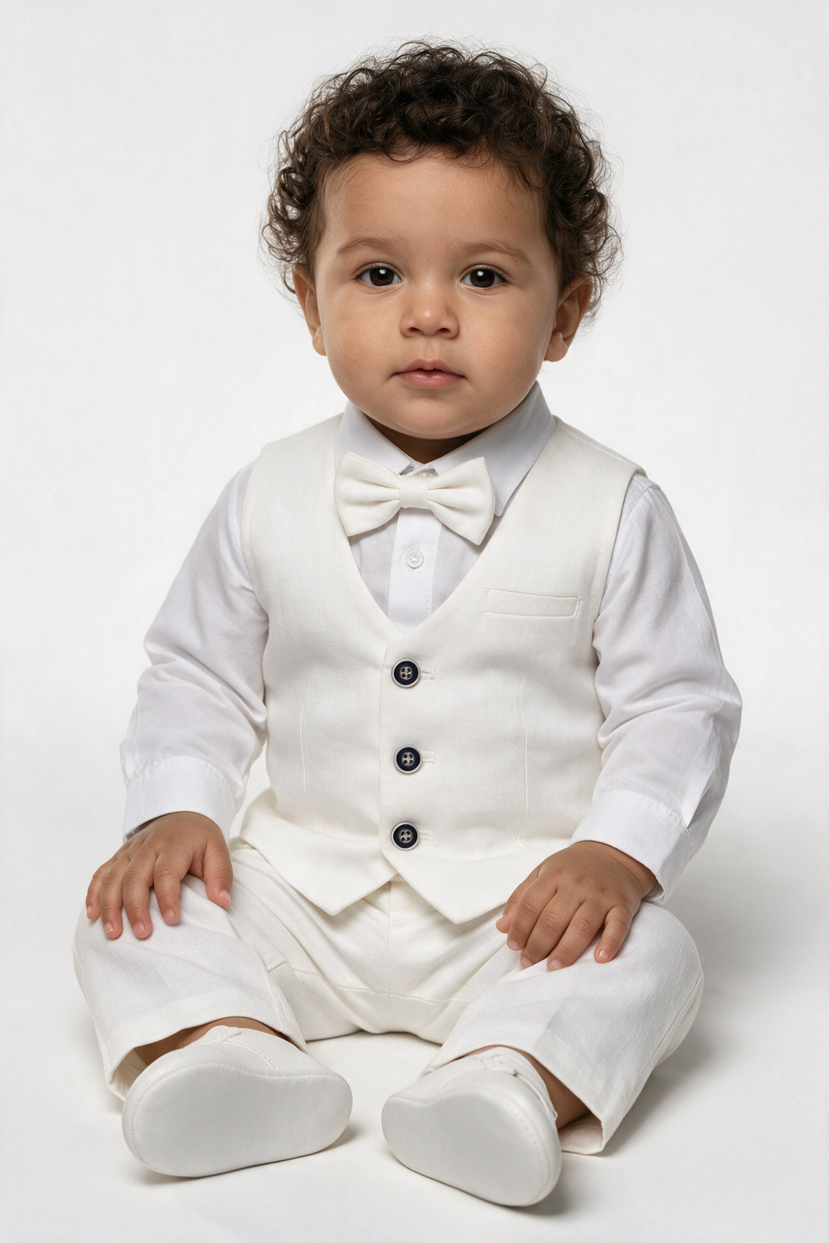 Ensemble gilet 3 pièces blanc en coton et lin pour bébé et garçon - WHITBY