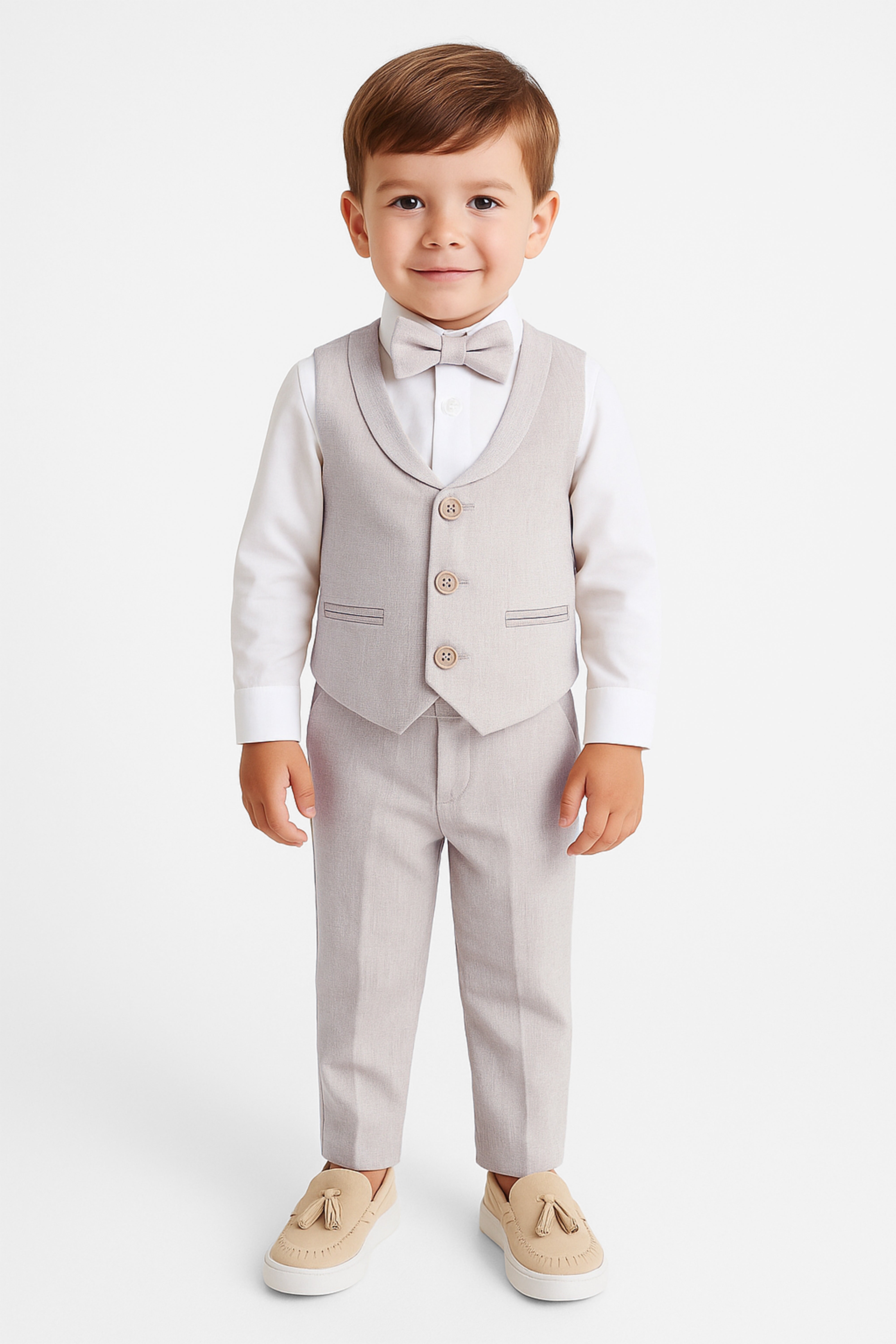 Baby & Boys 4-Piece Cotton-Linen Waistcoat Suit Set - Light Beige Model Picture