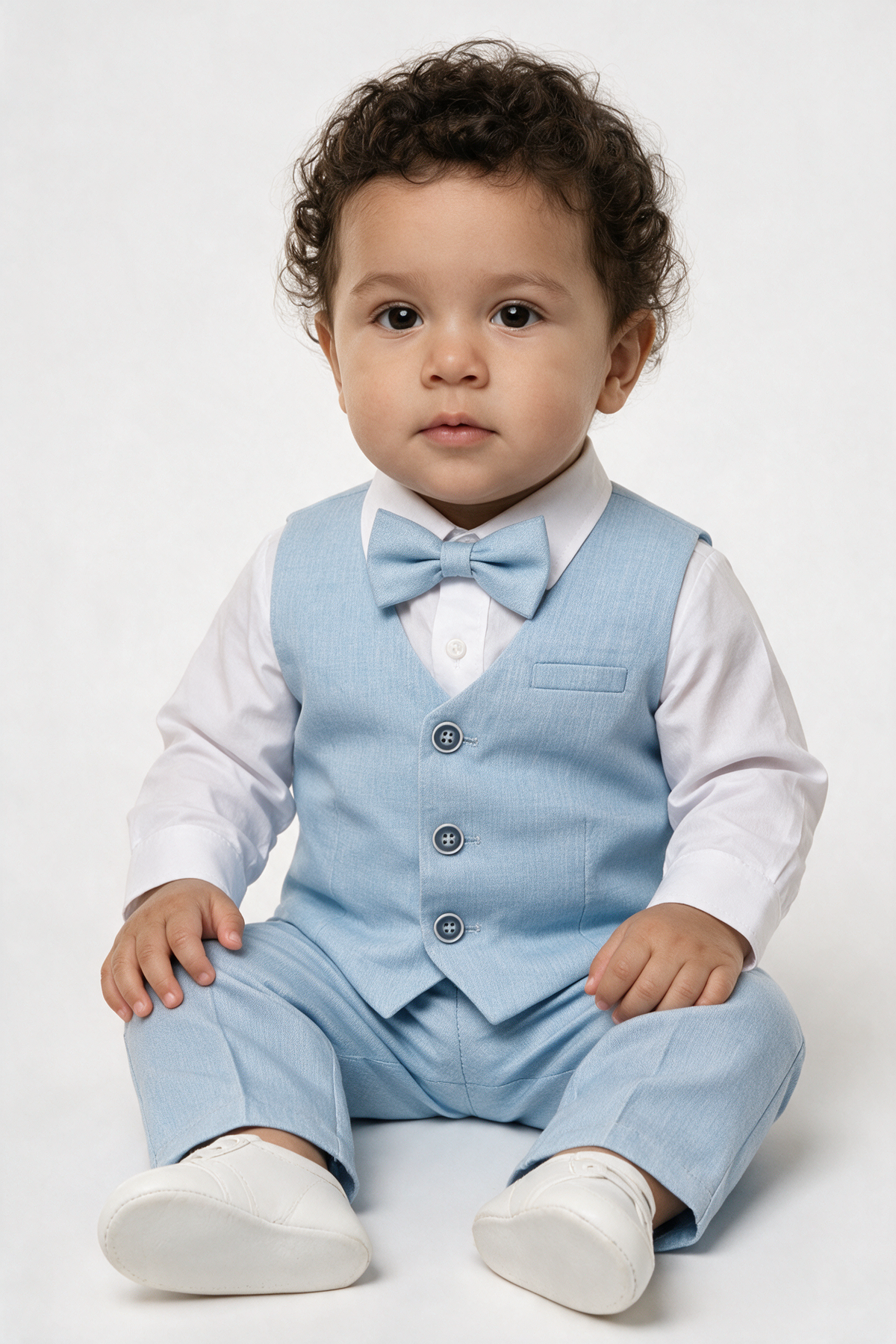 Completo 4 pezzi gilet in cotone e lino per bambini e ragazzi - azzurro chiaro