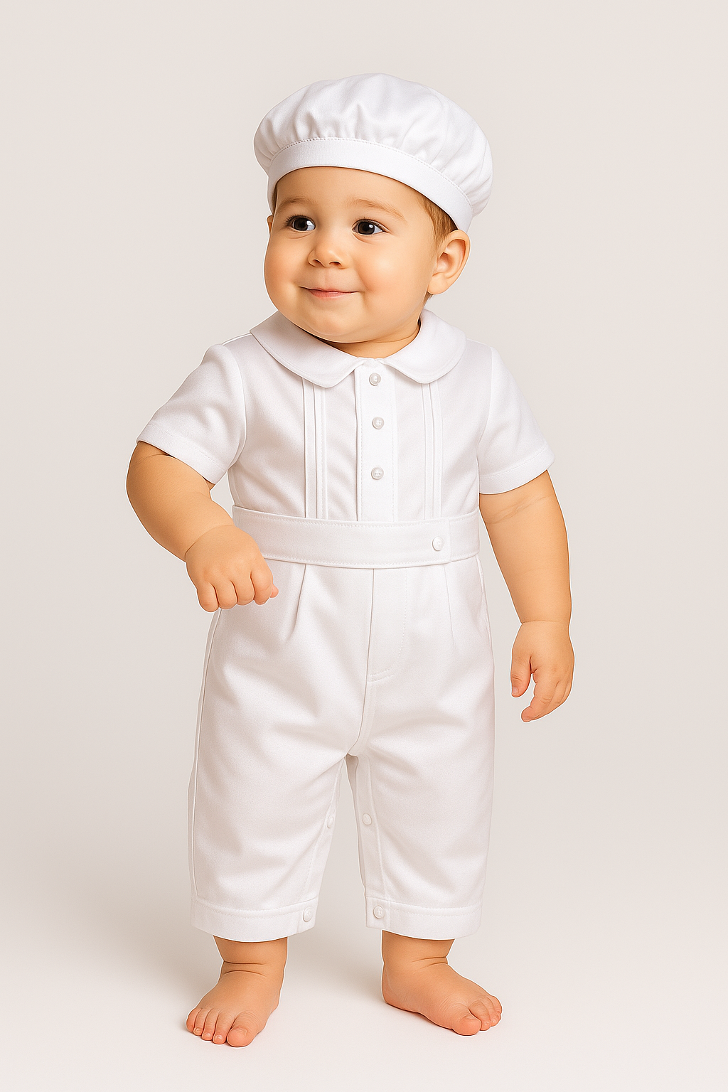 Baby Boys Christening Romper with Hat - OSCAR - White Model Picture