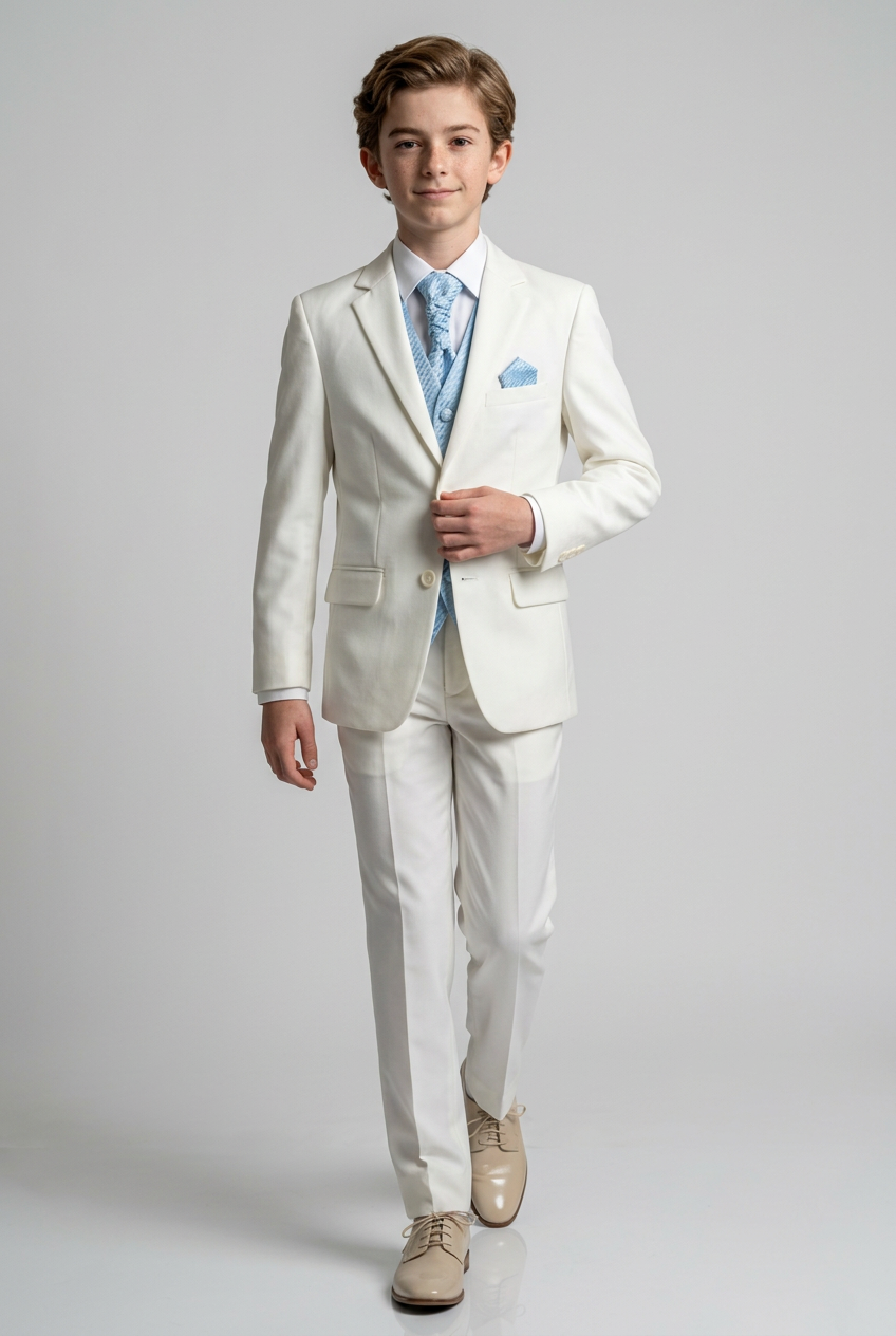 Traje de Paje para Bebés y Niños en Bodas y Promociones, Opción de Chaleco 5 PIEZAS - Crema - Azul