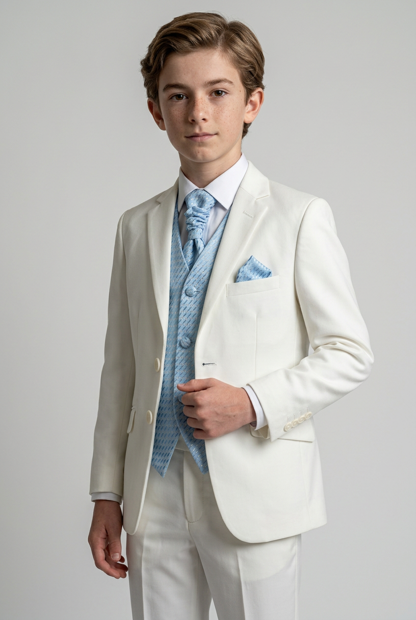 Traje de Paje para Bebés y Niños en Bodas y Promociones, Opción de Chaleco 5 PIEZAS - Crema - Azul