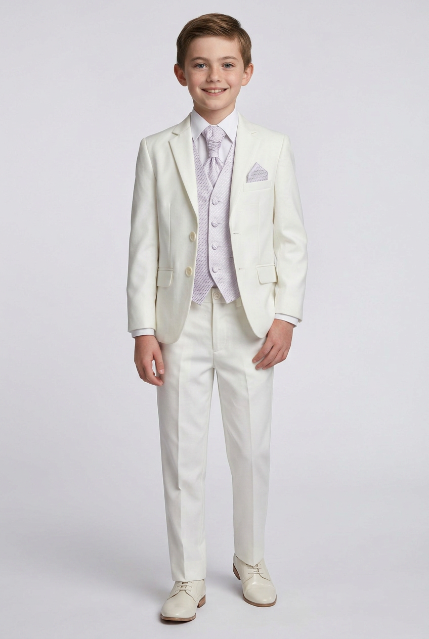 Traje de niño para boda y fiesta, opción de chaleco 5 piezas - Crema - Lila