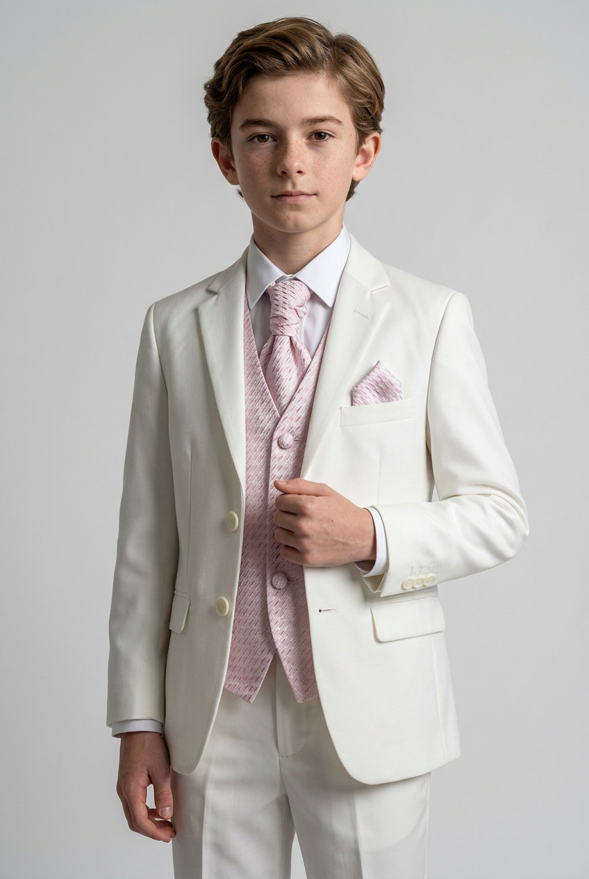 Traje de Paje para Bebés y Niños en Bodas y Promociones, Opción de Chaleco 5 PIEZAS - Crema - Rosa