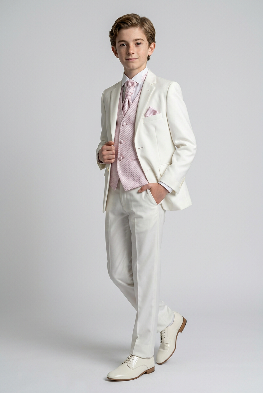Traje de Paje para Bebés y Niños en Bodas y Promociones, Opción de Chaleco 5 PIEZAS - Crema - Rosa