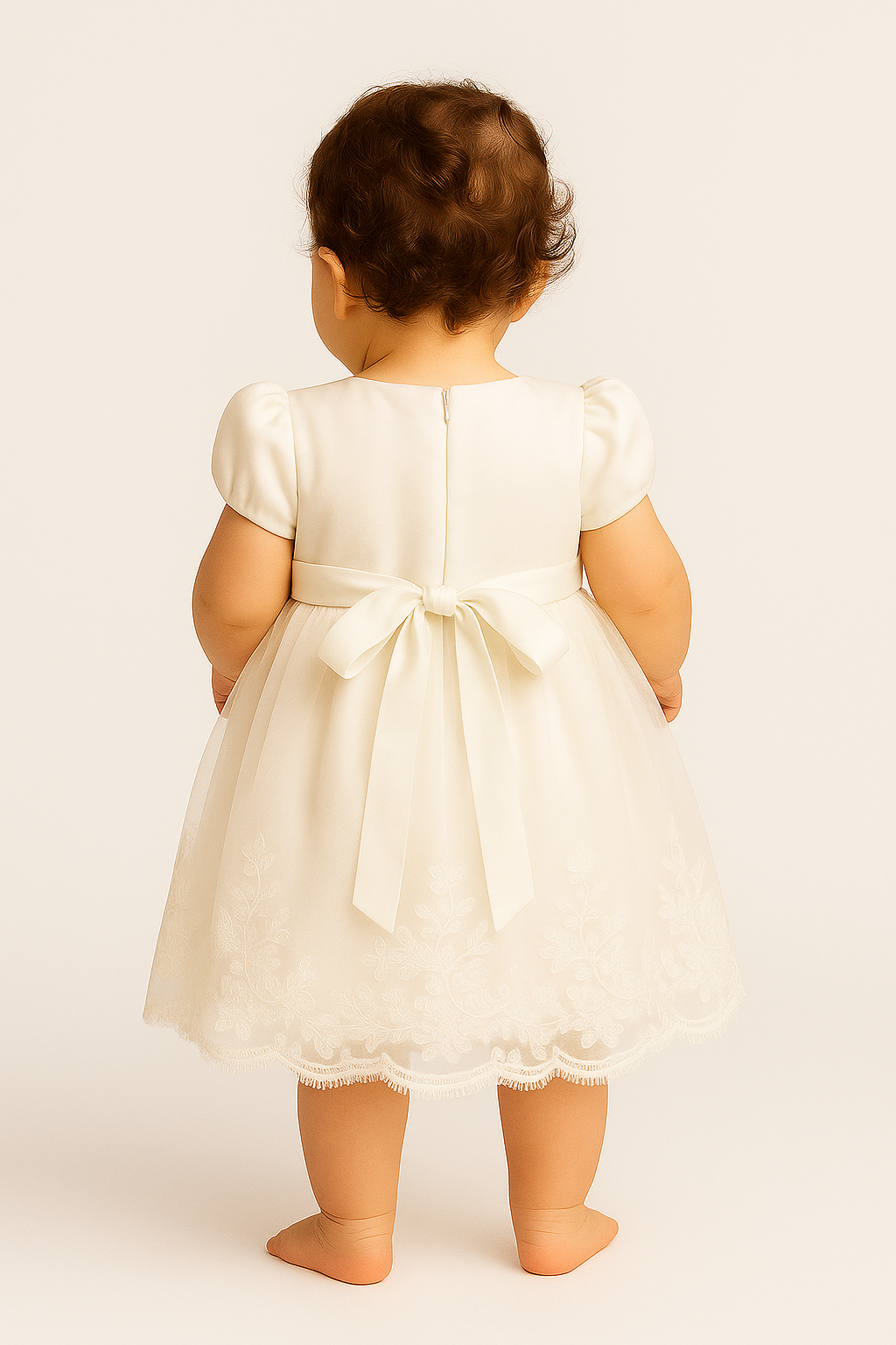 Baby Girls Balloon Sleeves Tulle Dress - RIYA - Ivory