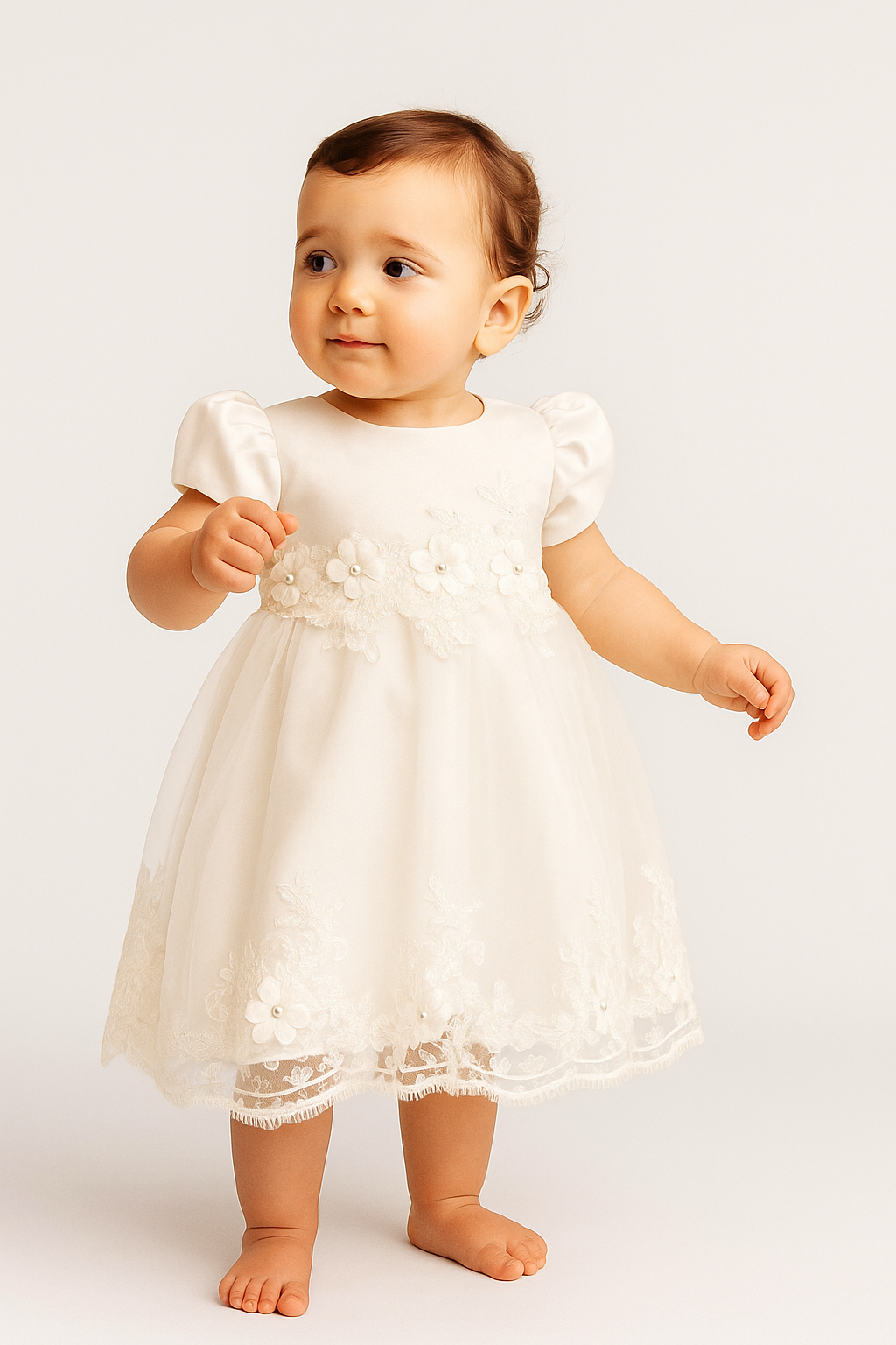Baby Girls Balloon Sleeves Tulle Dress - RIYA - Ivory Model Picture