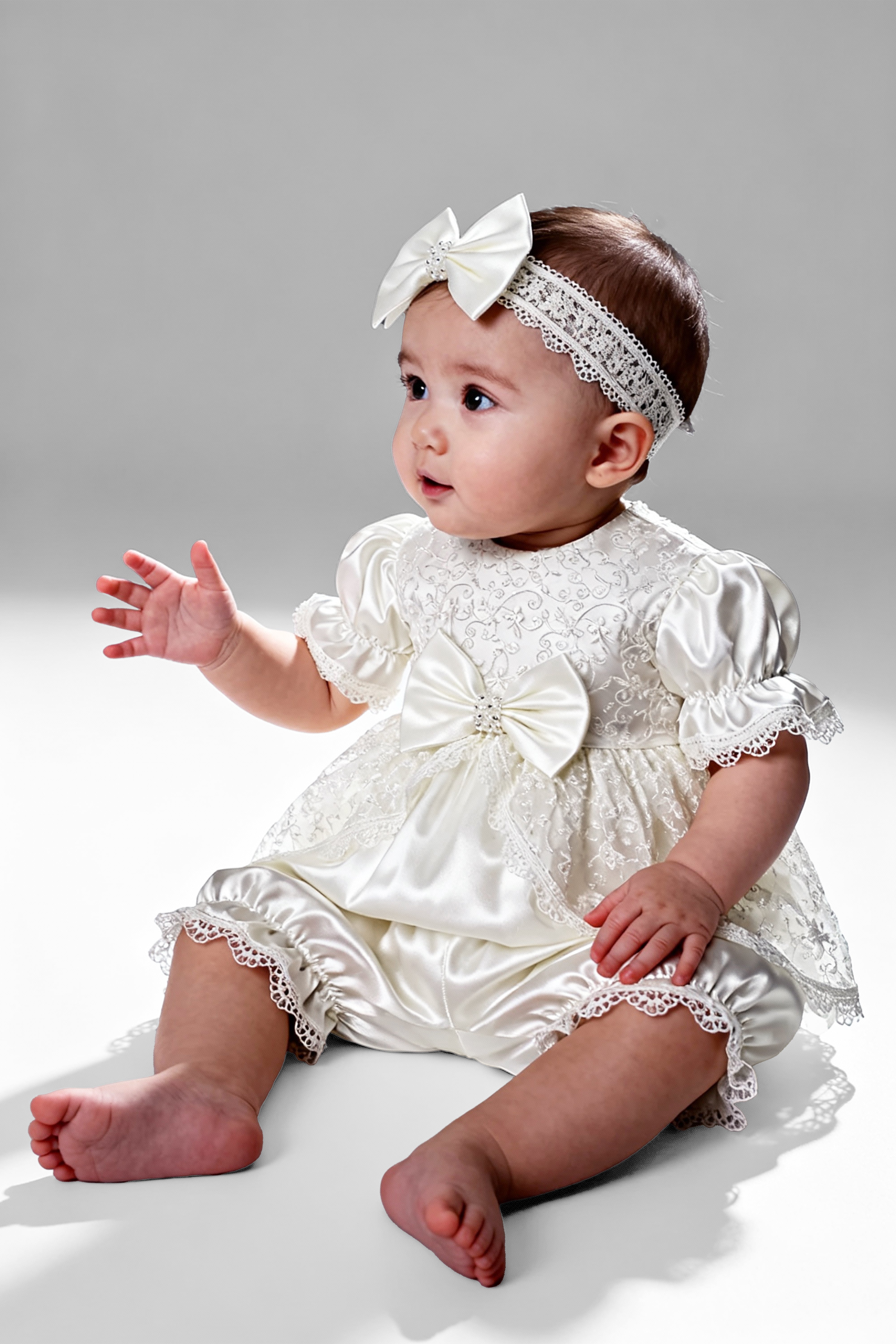 Baby Girls Floral Lace Tulle Dress Set – B1208 - Ivory Model Picture