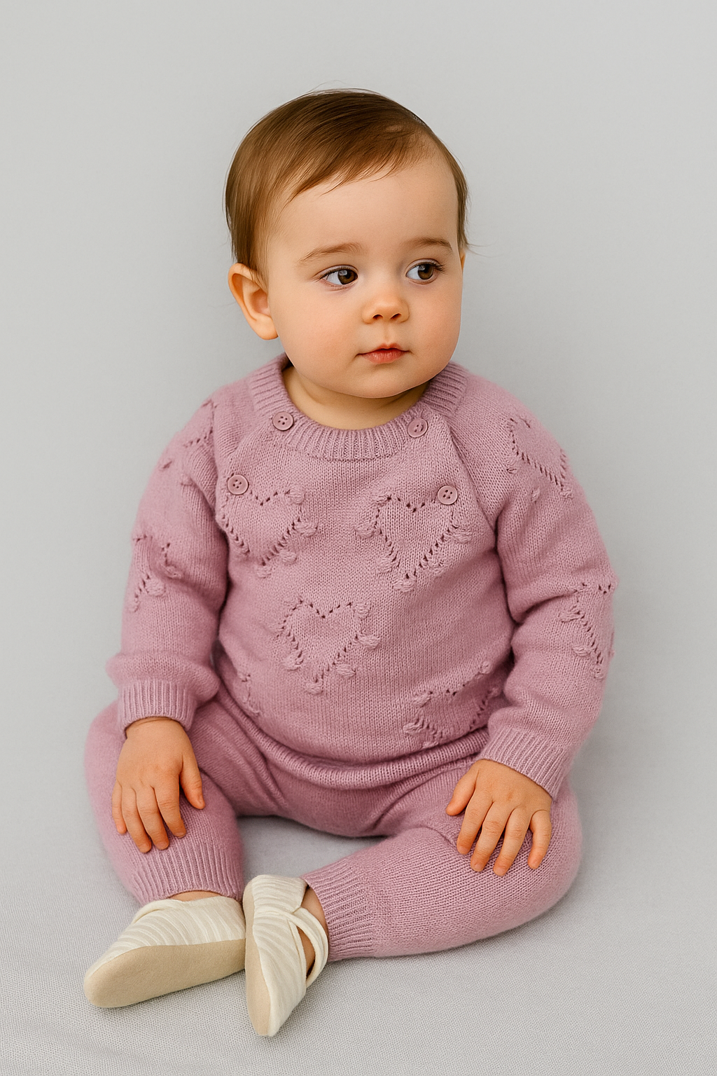 Baby Girls Heart Print Knitted Jumper & Leggings Set - 2407 - Pink Model Picture